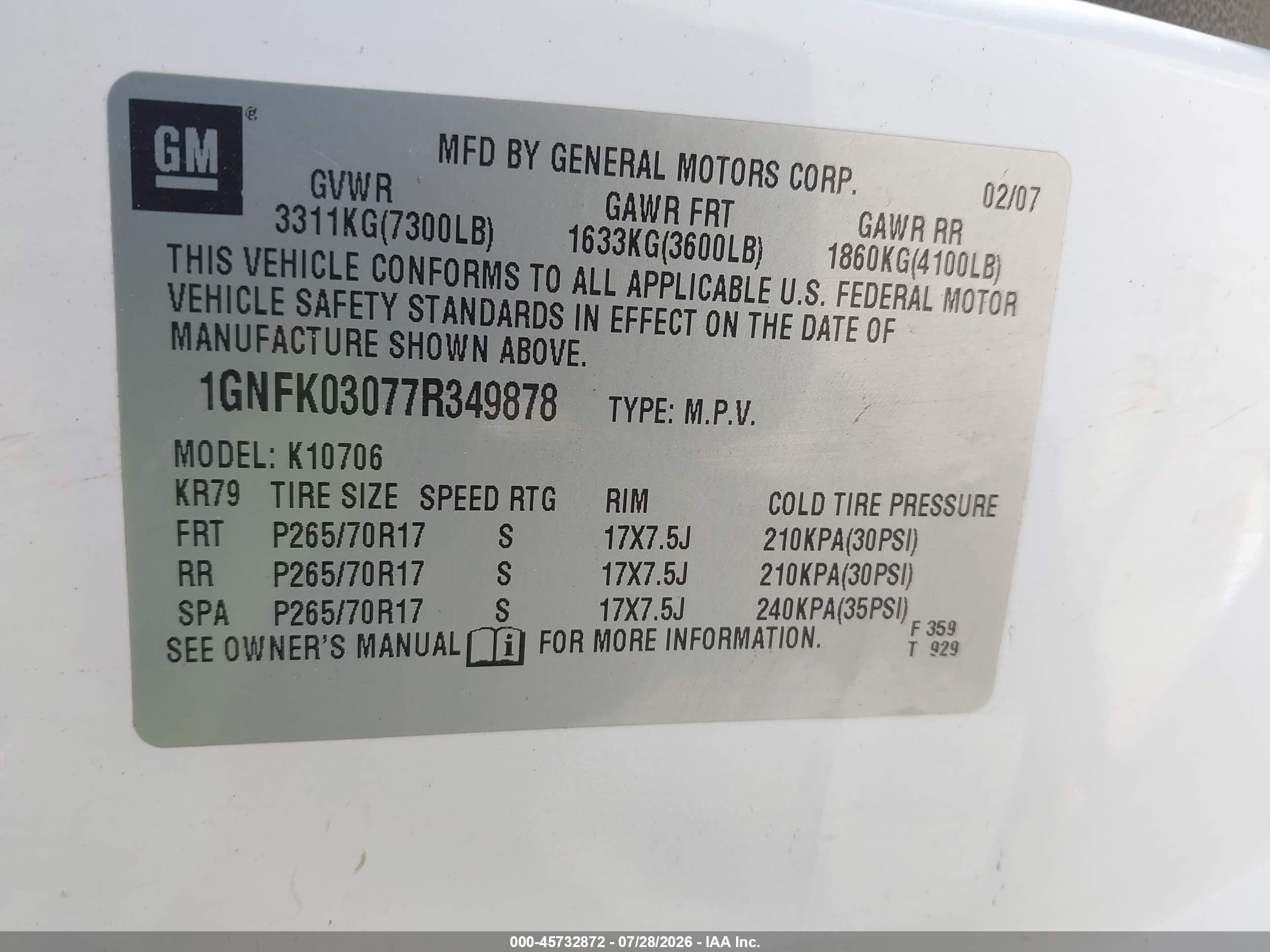 2007 Chevrolet Tahoe Special Service Veh Special Services White vin: 1GNFK03077R349878
