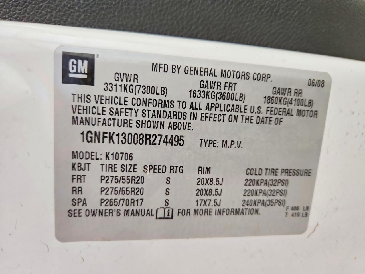 2008 Chevrolet Tahoe K1500 White vin: 1GNFK13008R274495