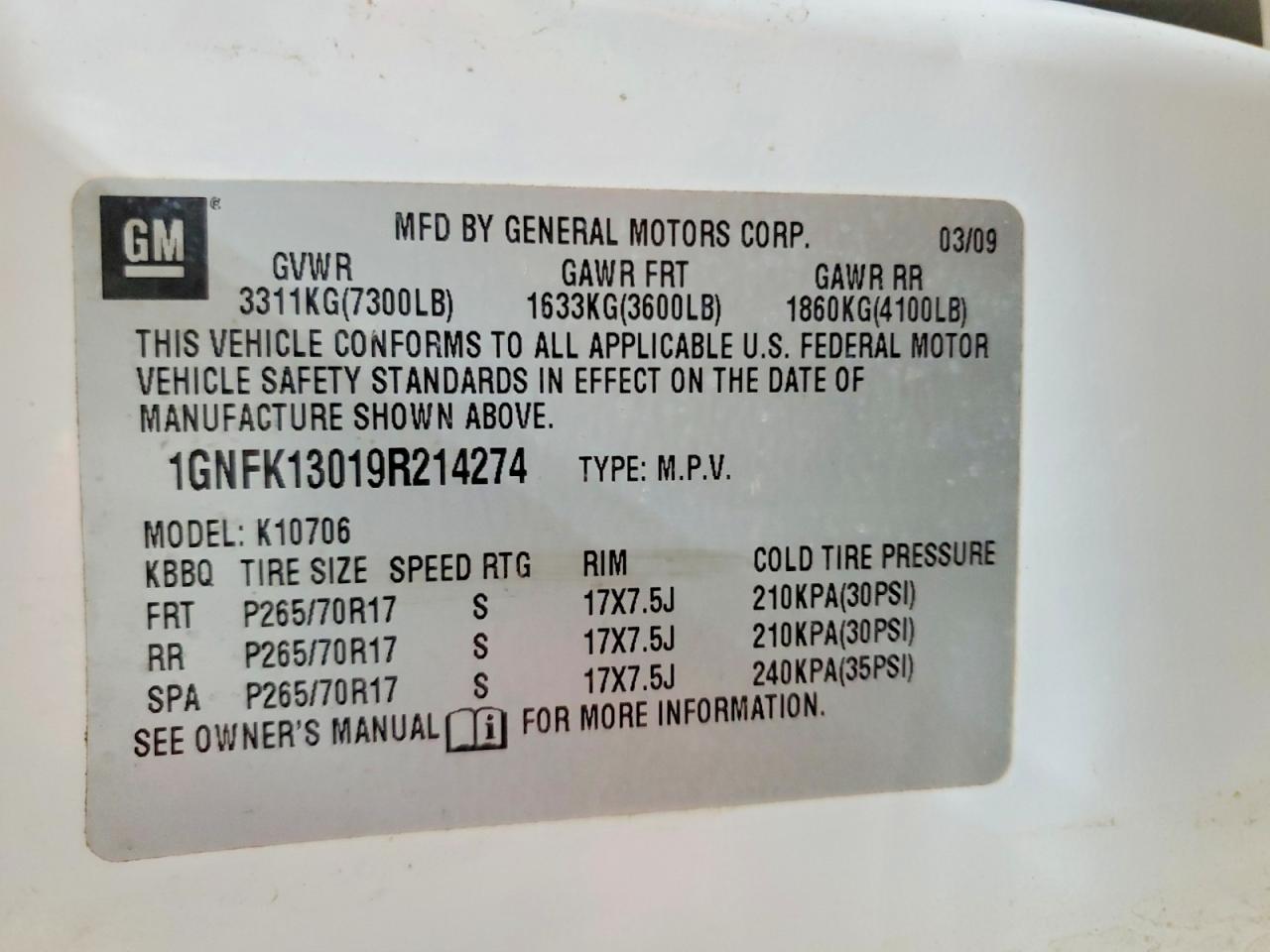 2009 Chevrolet Tahoe K1500 Ls White vin: 1GNFK13019R214274