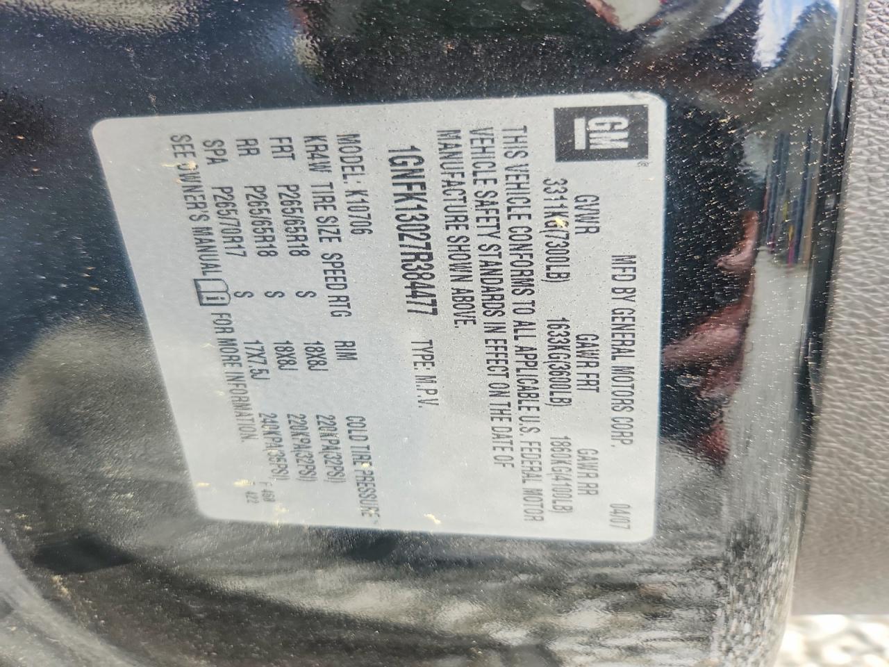 2007 Chevrolet Tahoe K1500 Черный vin: 1GNFK13027R384477