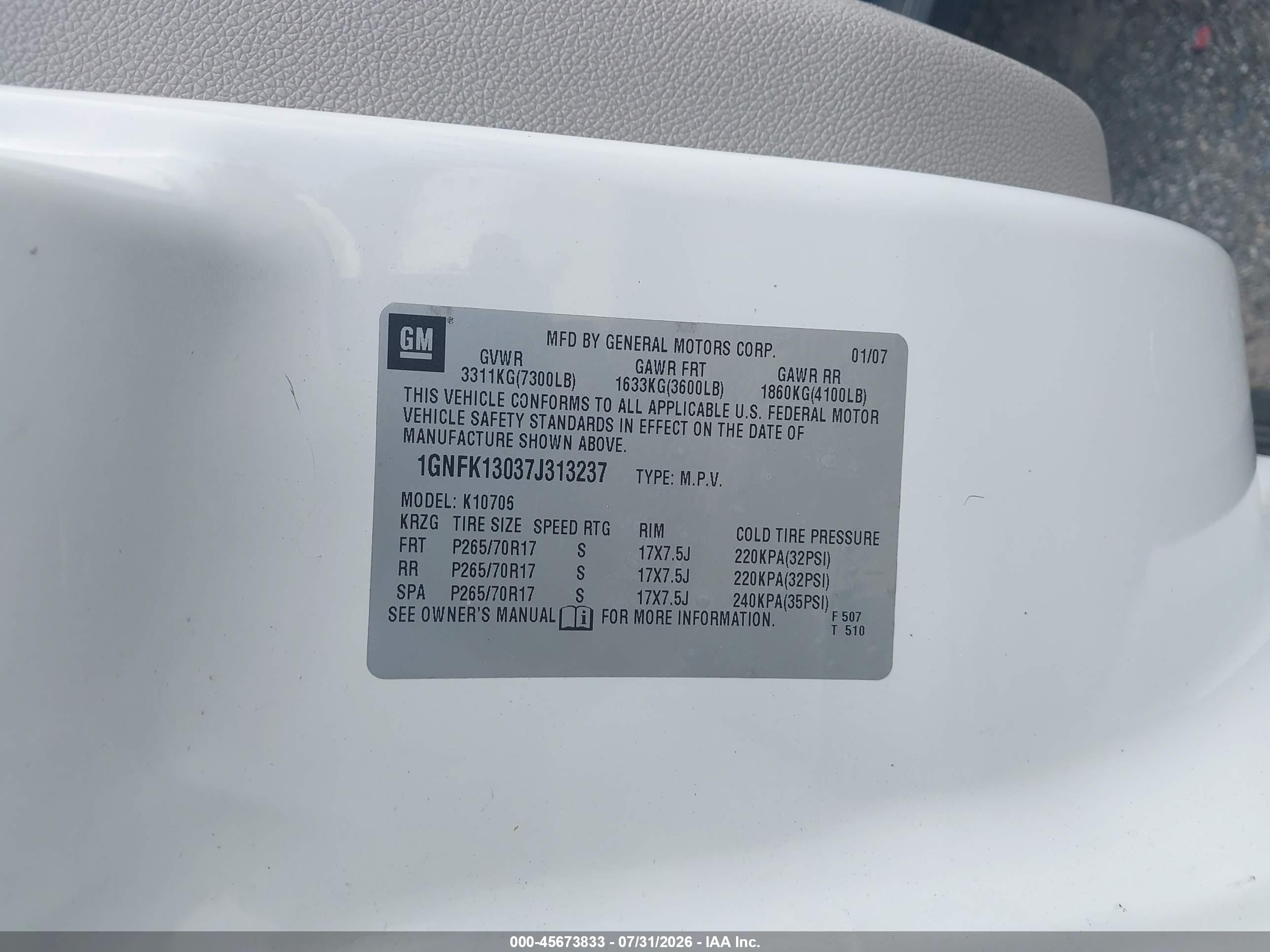 2007 Chevrolet Tahoe Lt White vin: 1GNFK13037J313237