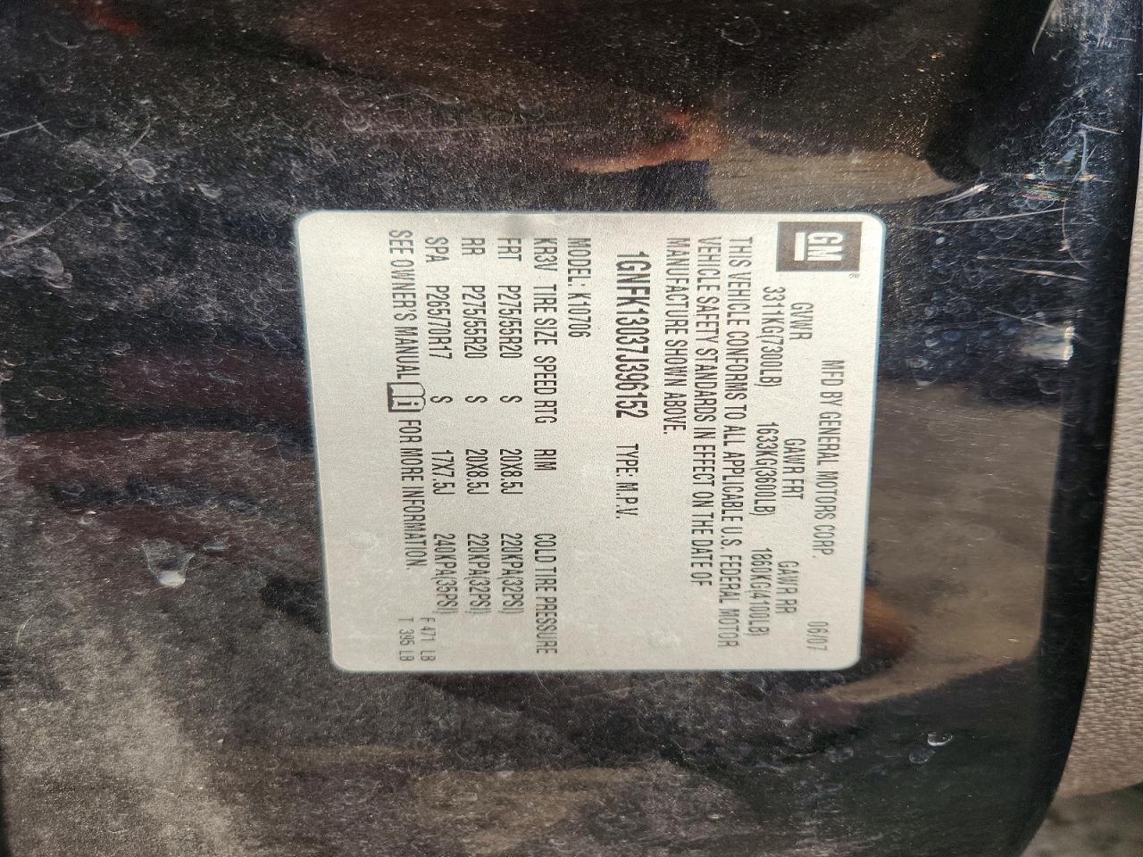 2007 Chevrolet Tahoe K1500 Black vin: 1GNFK13037J396152