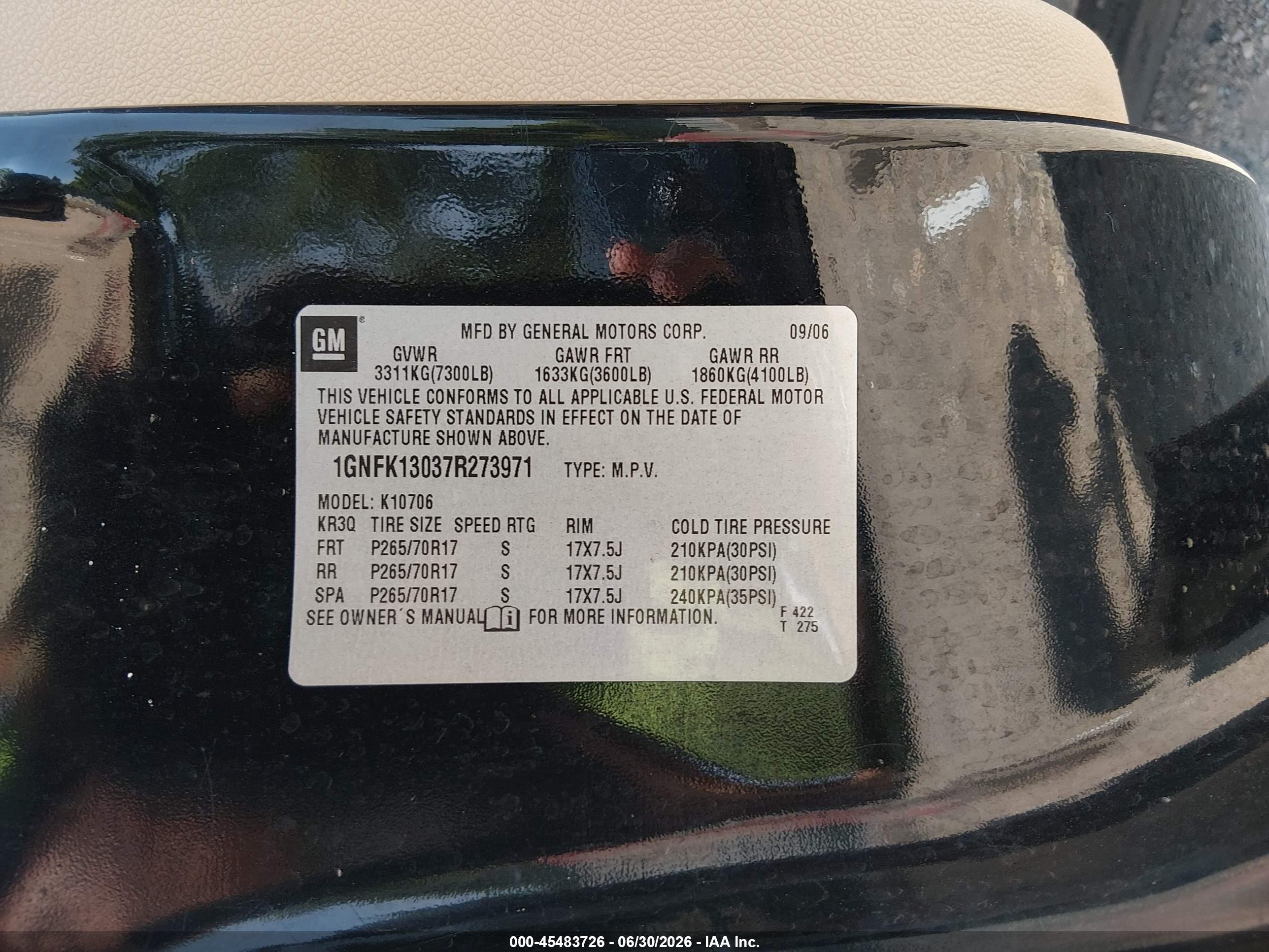 2007 Chevrolet Tahoe Lt Black vin: 1GNFK13037R273971