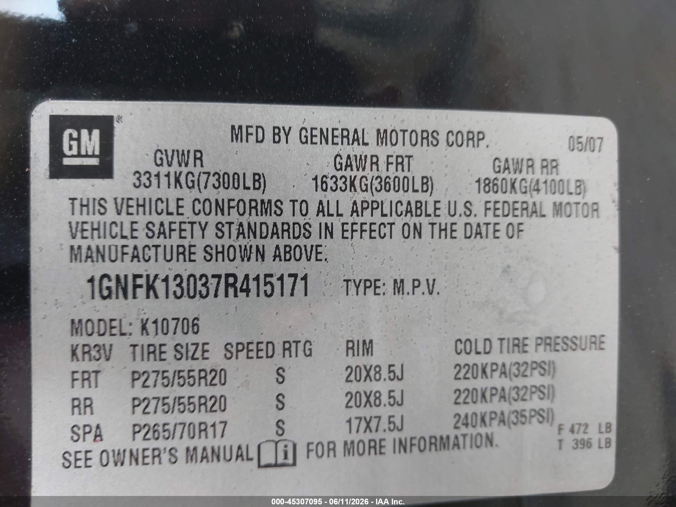 2007 Chevrolet Tahoe Ltz Black vin: 1GNFK13037R415171