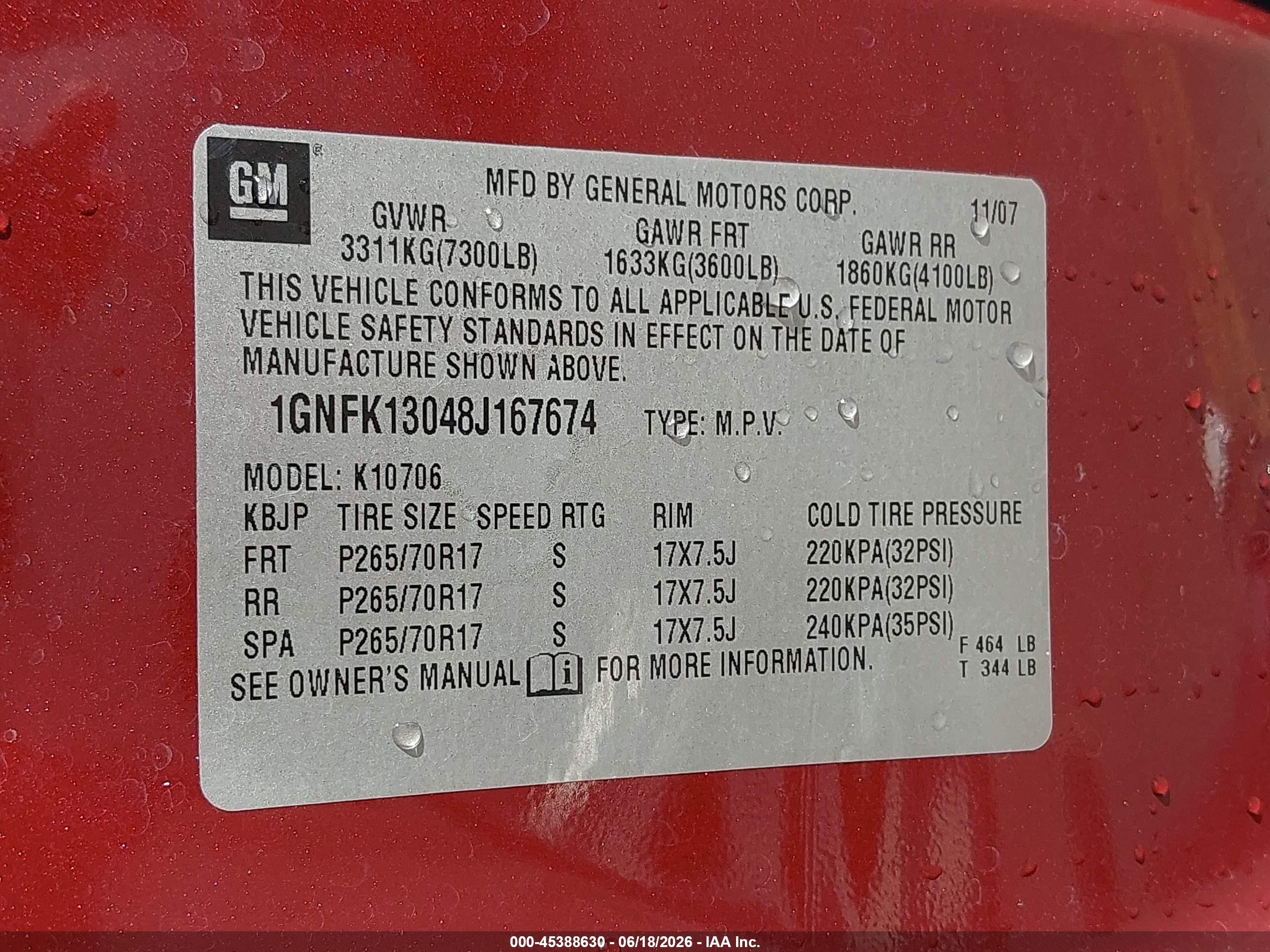 2008 Chevrolet Tahoe Lt Red vin: 1GNFK13048J167674