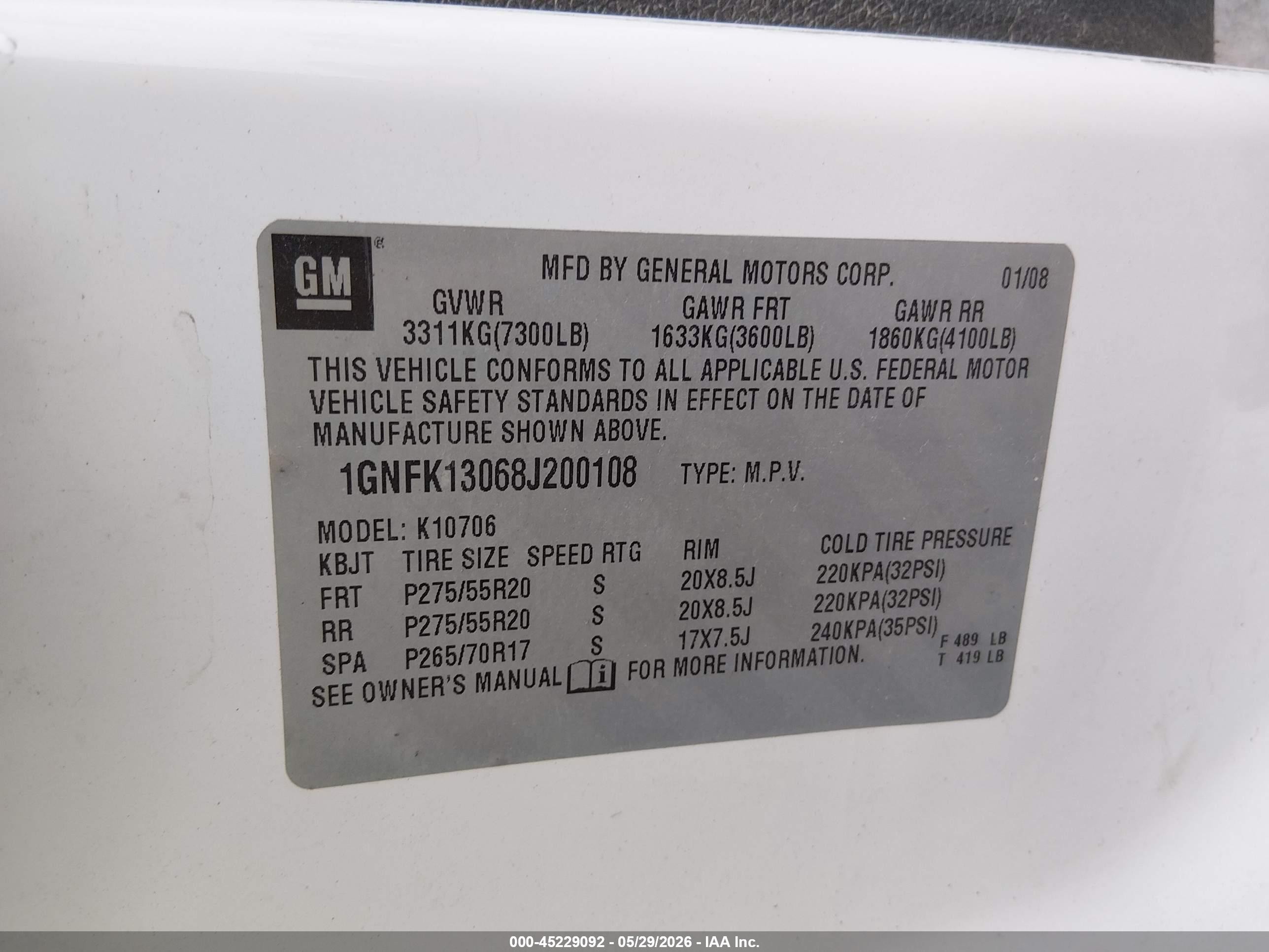 2008 Chevrolet Tahoe Ltz White vin: 1GNFK13068J200108