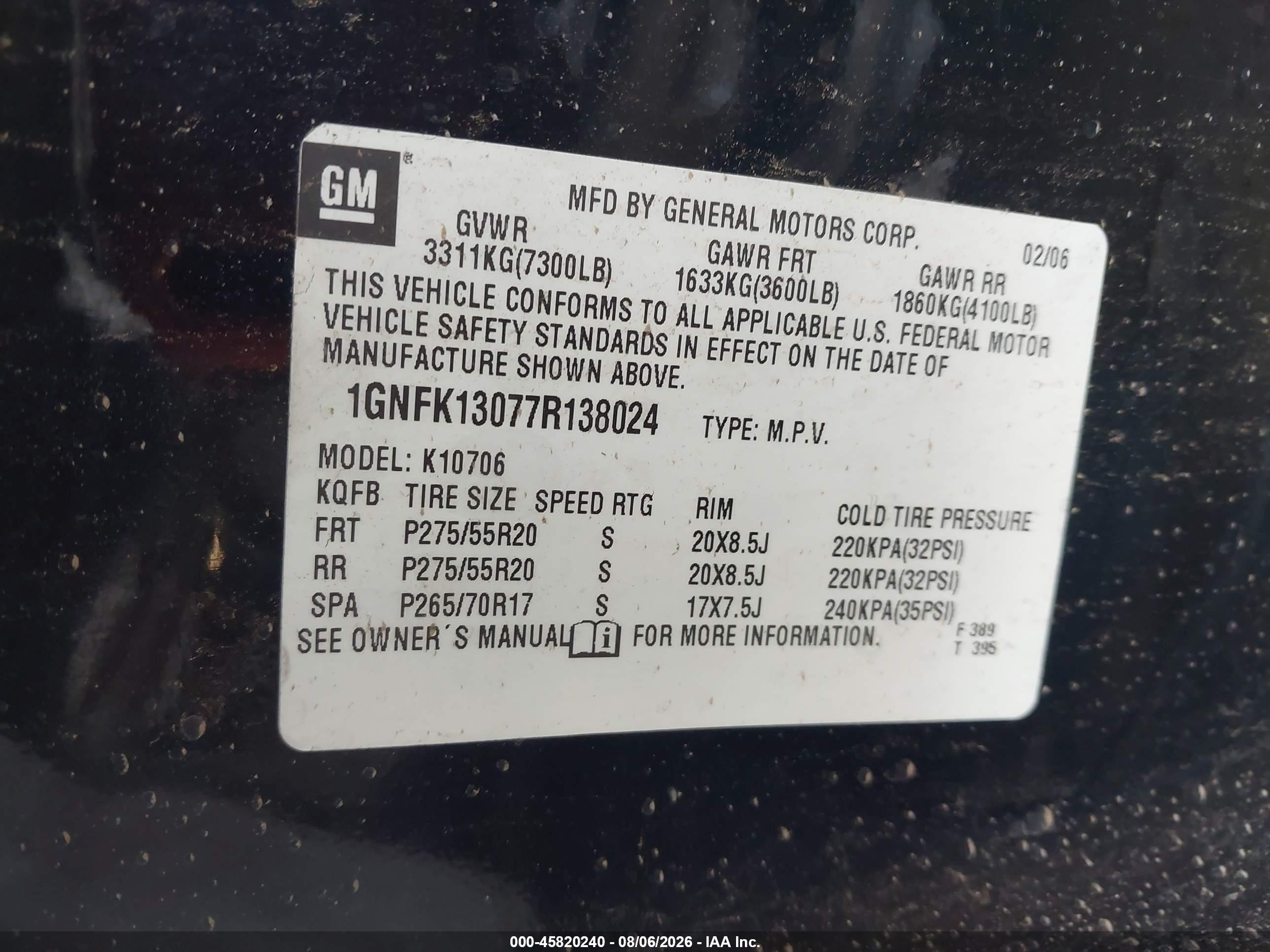 2007 Chevrolet Tahoe Ltz Black vin: 1GNFK13077R138024