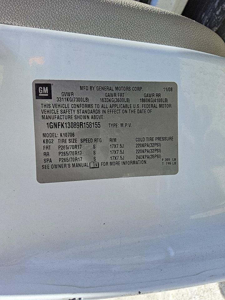 2009 Chevrolet Tahoe K1500 Ls White vin: 1GNFK13089R158155