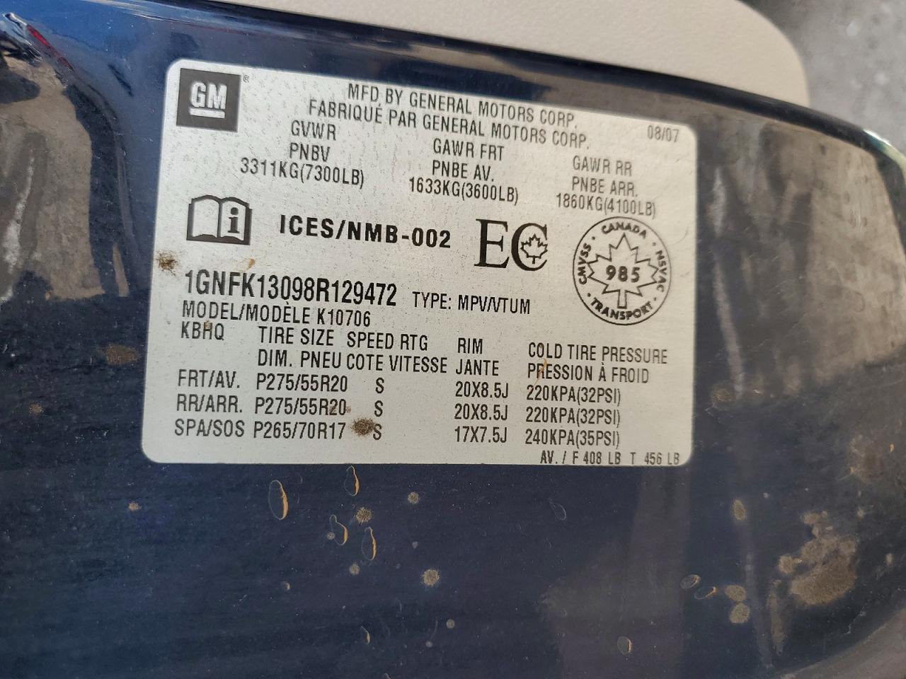 2008 Chevrolet Tahoe K1500 Blue vin: 1GNFK13098R129472