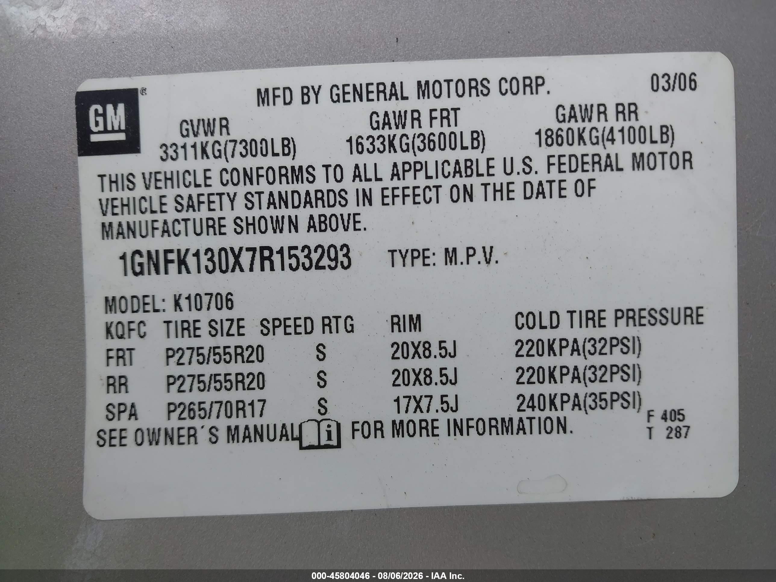 2007 Chevrolet Tahoe Lt Tan vin: 1GNFK130X7R153293