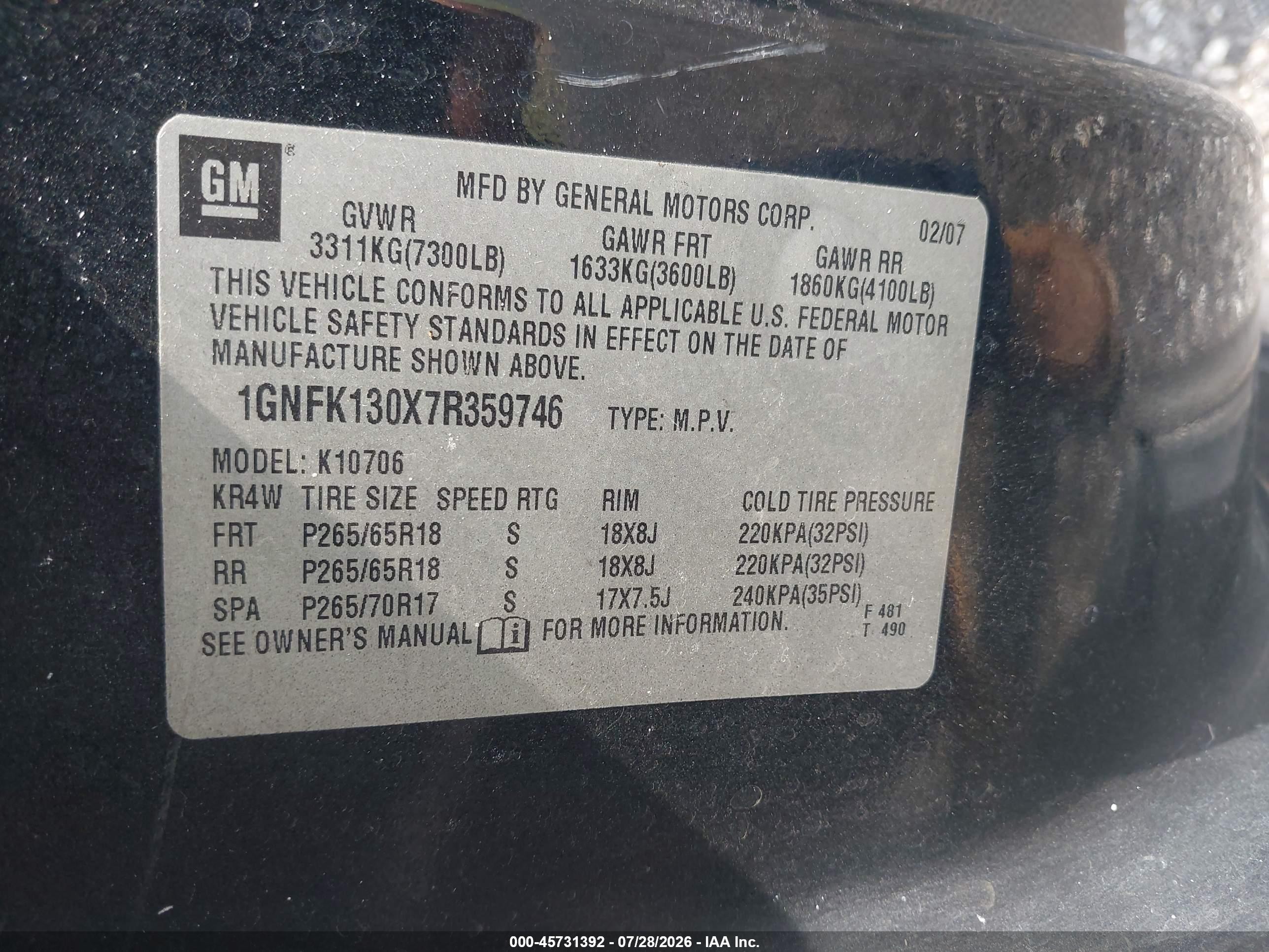 2007 Chevrolet Tahoe Lt Black vin: 1GNFK130X7R359746