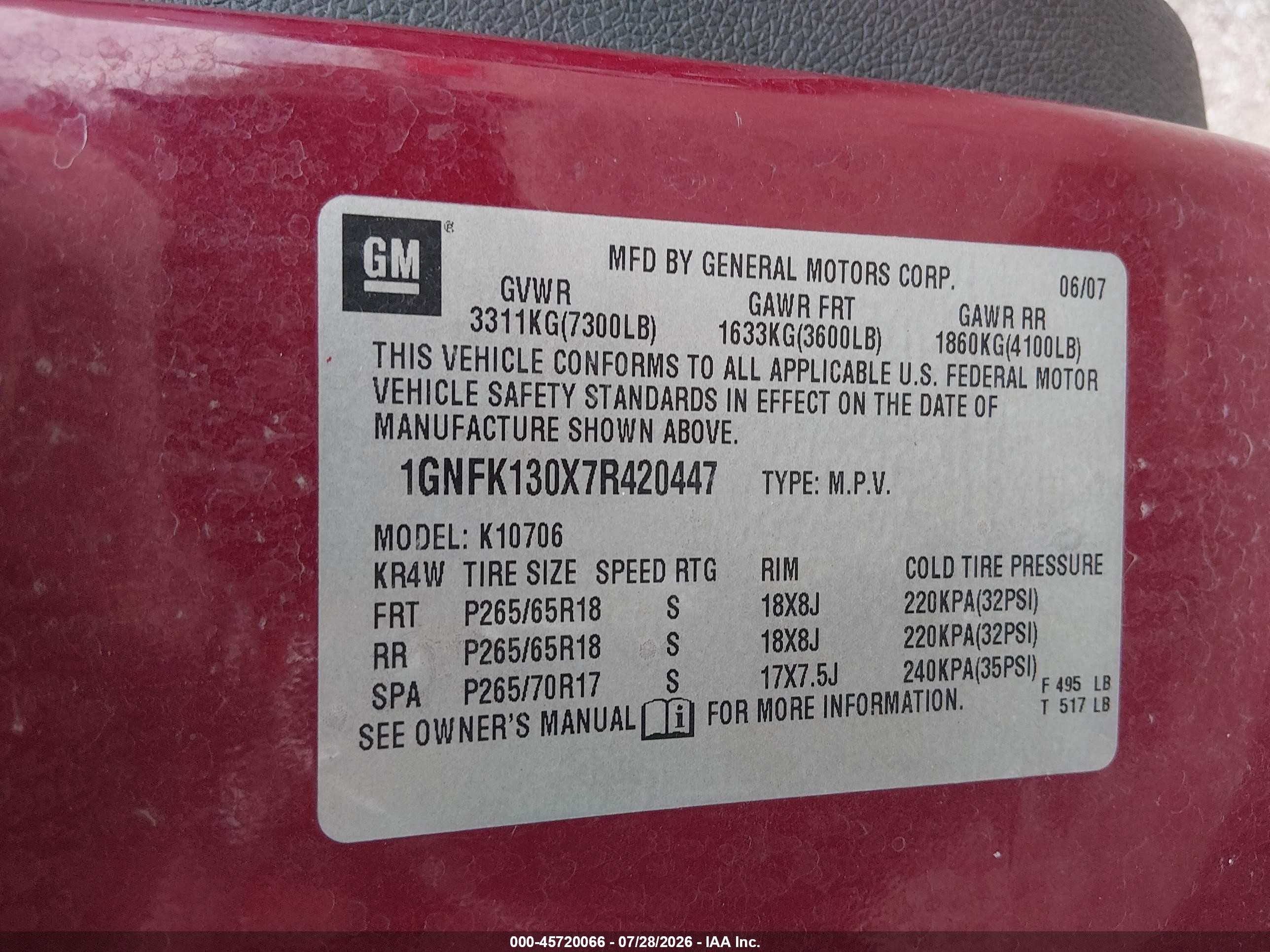 2007 Chevrolet Tahoe Lt Red vin: 1GNFK130X7R420447