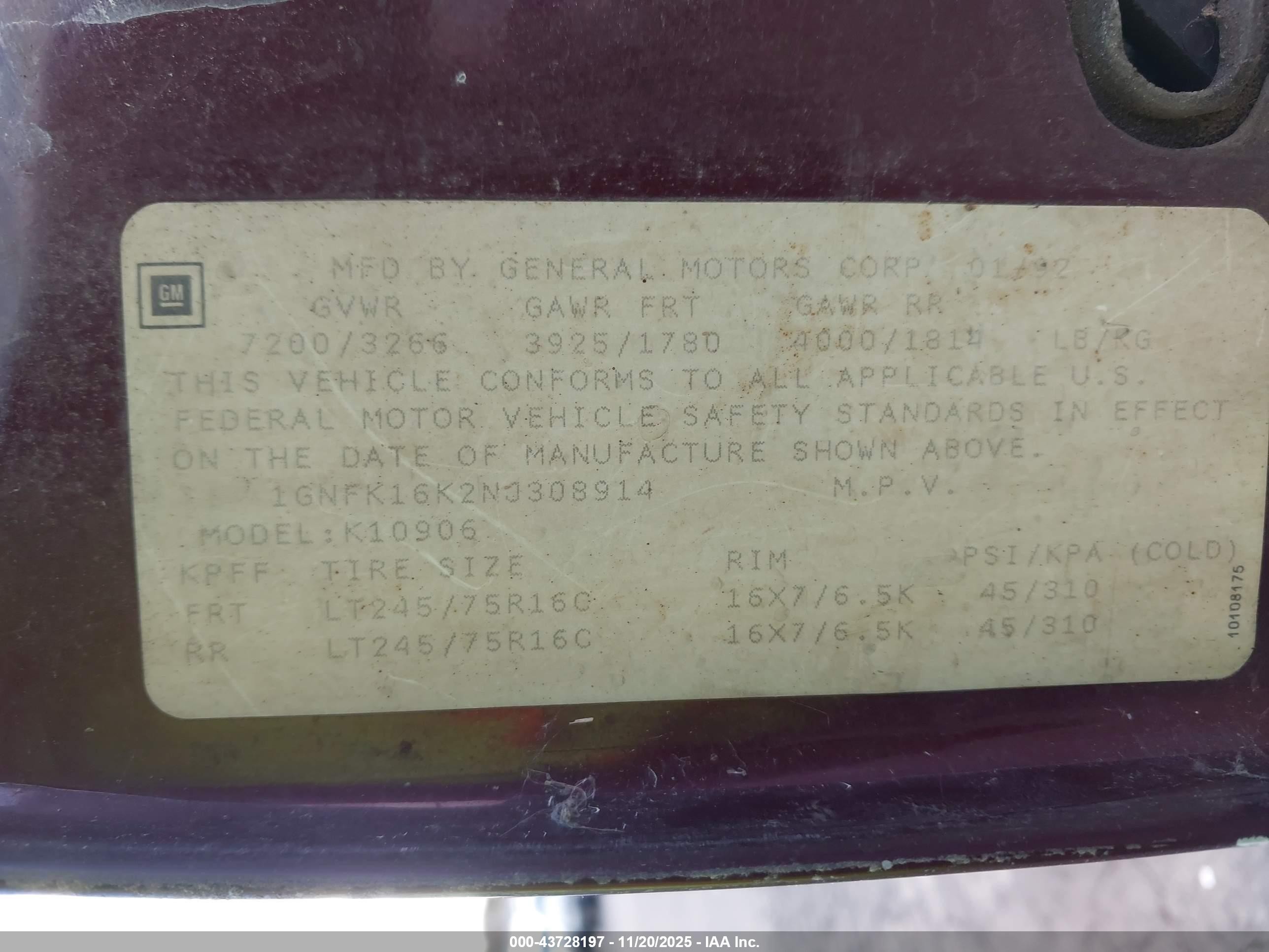 1992 Chevrolet Suburban K1500 Maroon vin: 1GNFK16K2NJ308914