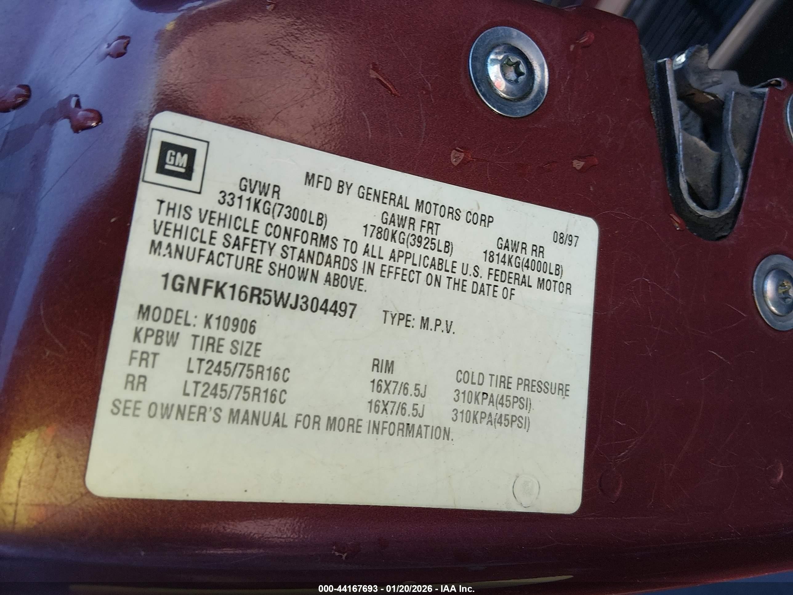 1998 Chevrolet Suburban 1500   Maroon vin: 1GNFK16R5WJ304497