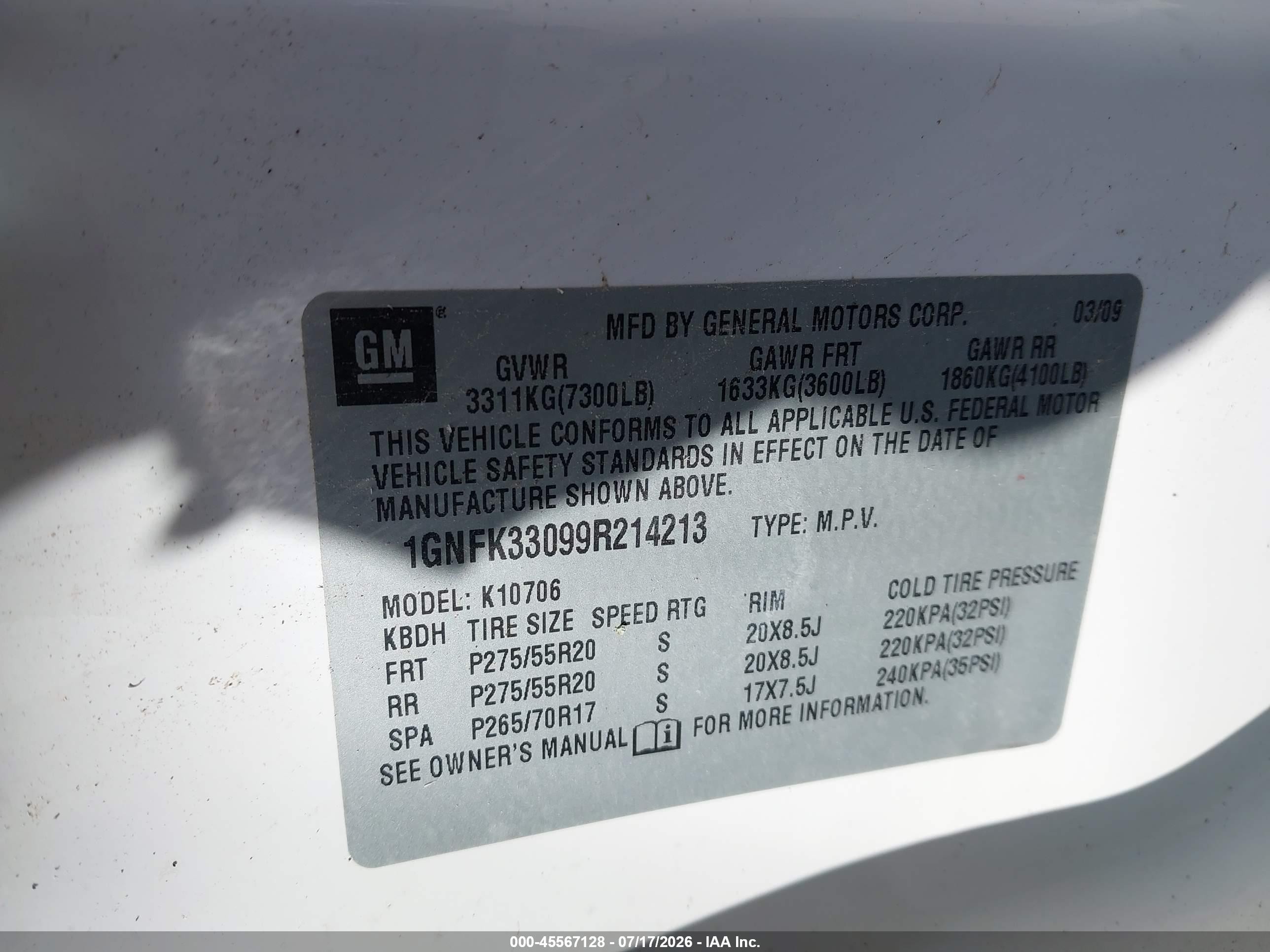2009 Chevrolet Tahoe Ltz White vin: 1GNFK33099R214213
