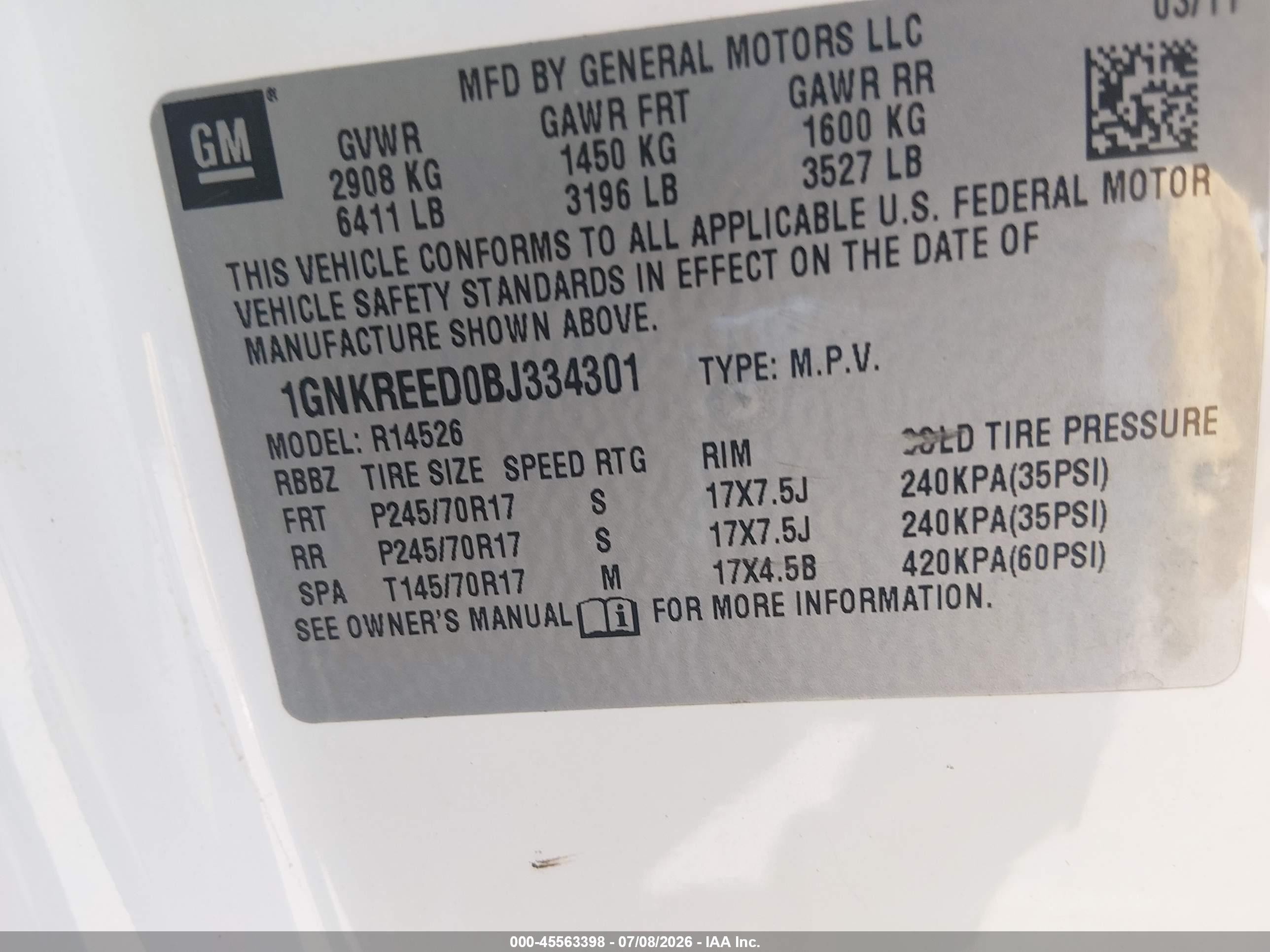 2011 Chevrolet Traverse Ls White vin: 1GNKREED0BJ334301