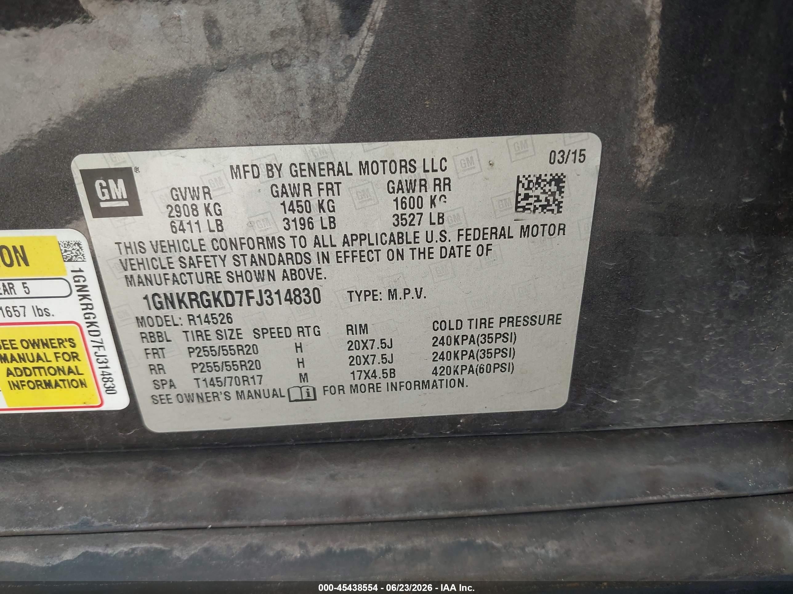2015 Chevrolet Traverse Lt Gray vin: 1GNKRGKD7FJ314830