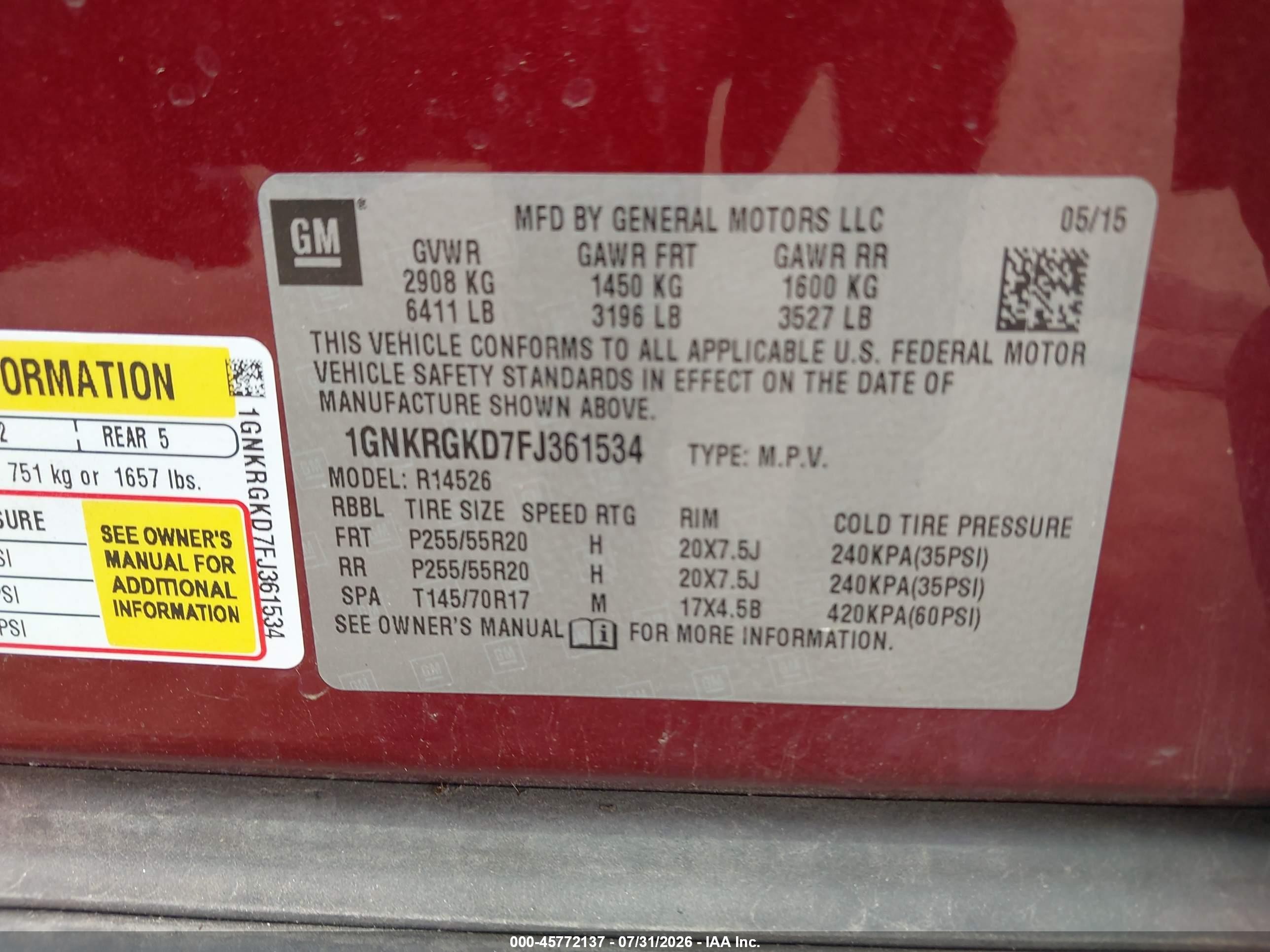 2015 Chevrolet Traverse Lt Burgundy vin: 1GNKRGKD7FJ361534
