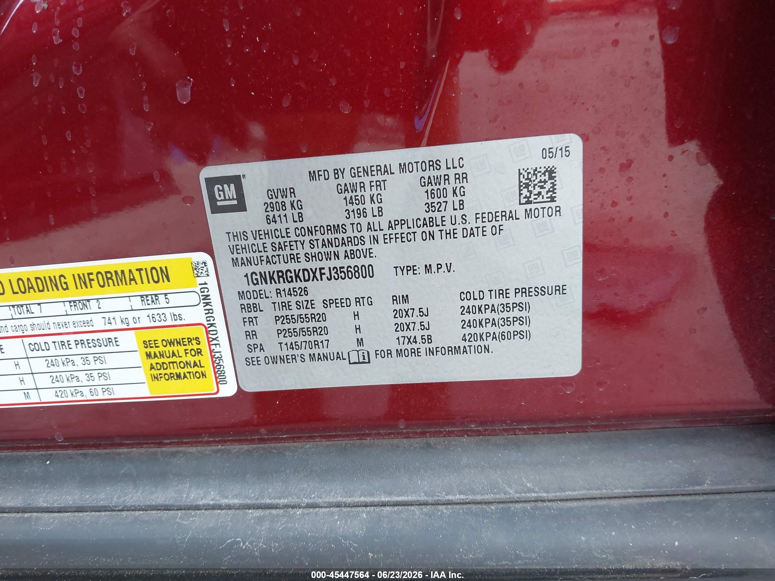 2015 Chevrolet Traverse Lt Red vin: 1GNKRGKDXFJ356800