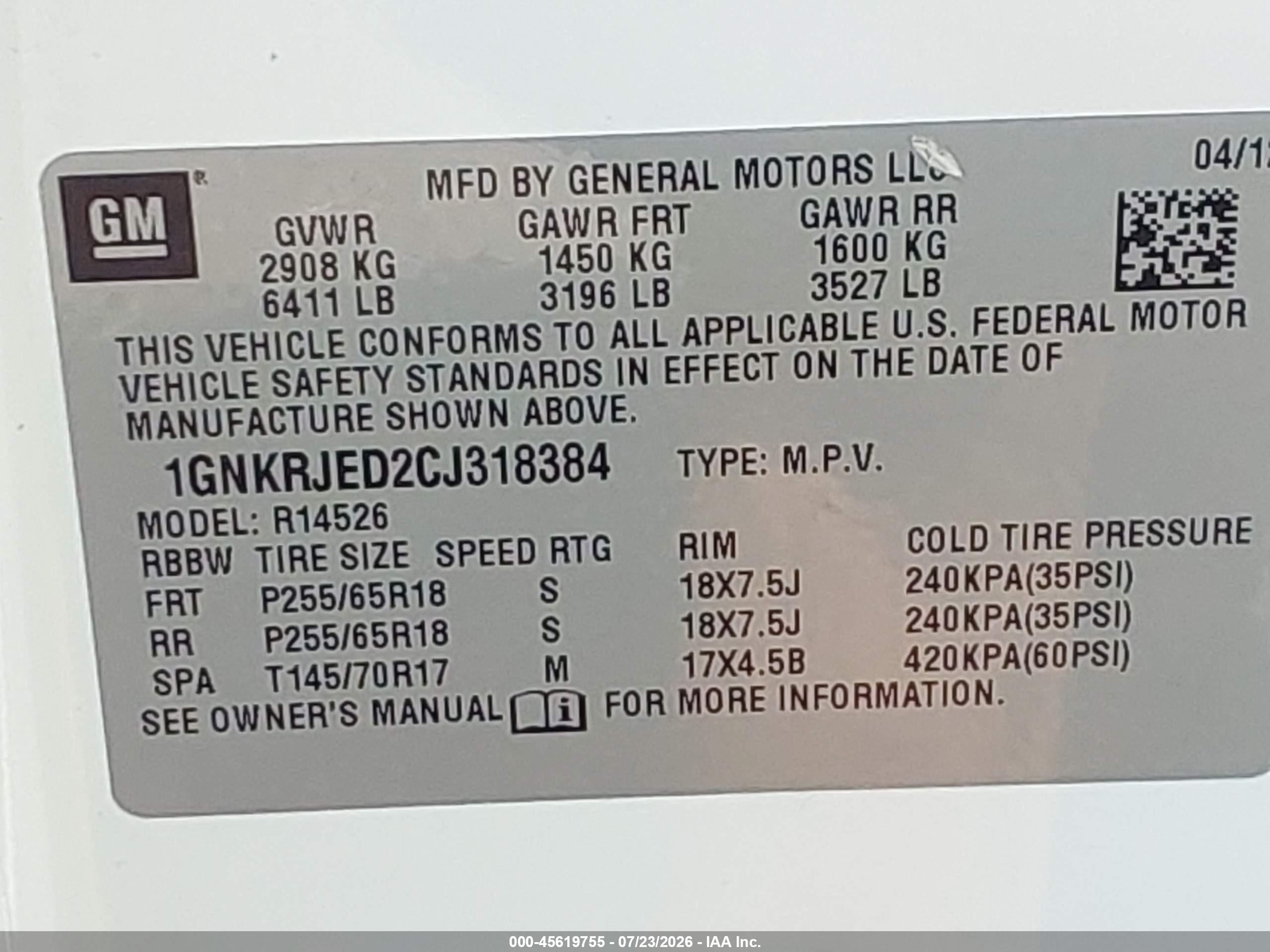 2012 Chevrolet Traverse Lt W/2lt White vin: 1GNKRJED2CJ318384