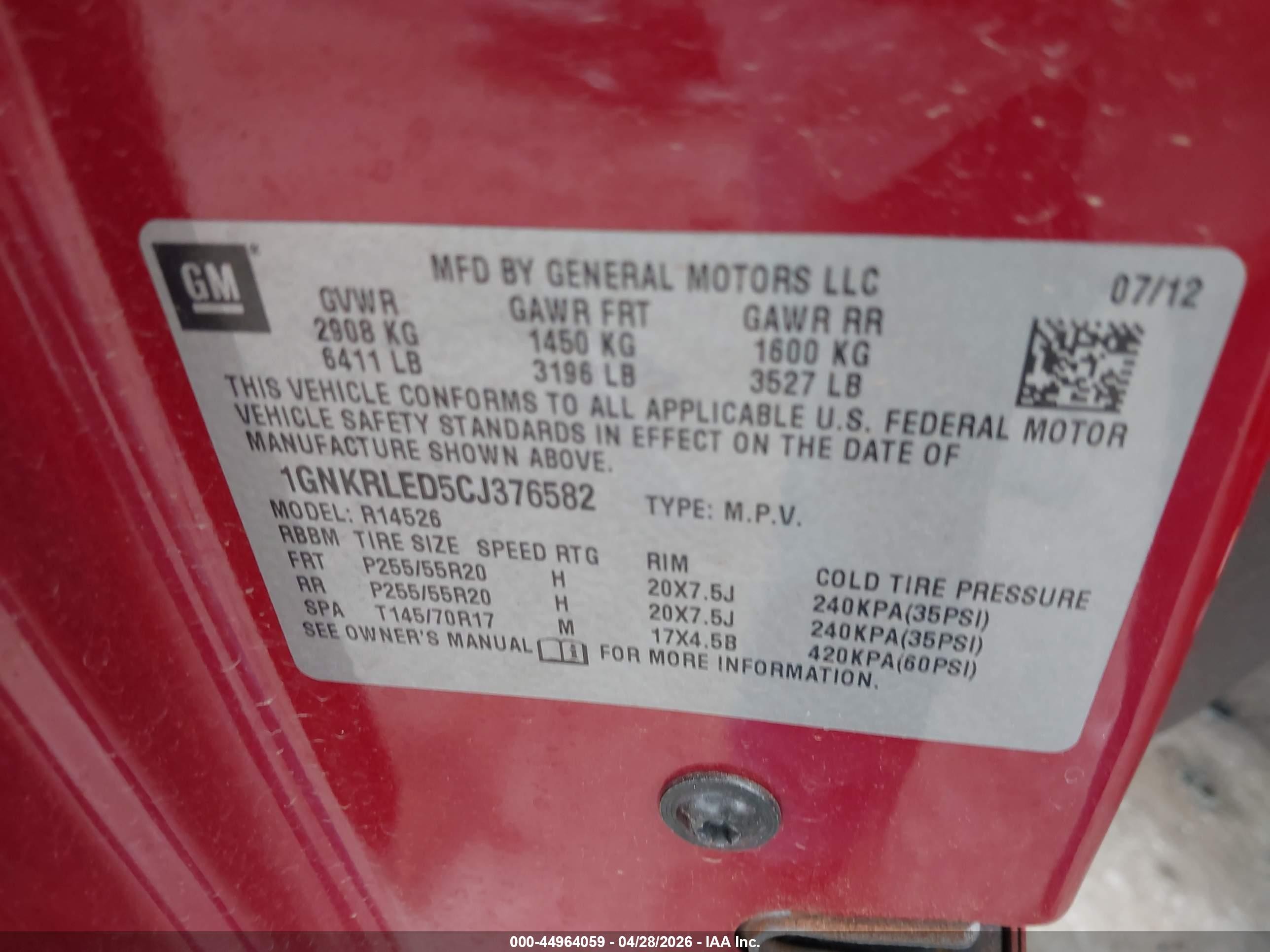 2012 Chevrolet Traverse Ltz Red vin: 1GNKRLED5CJ376582
