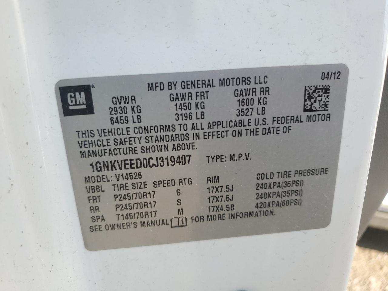 2012 Chevrolet Traverse Ls White vin: 1GNKVEED0CJ319407
