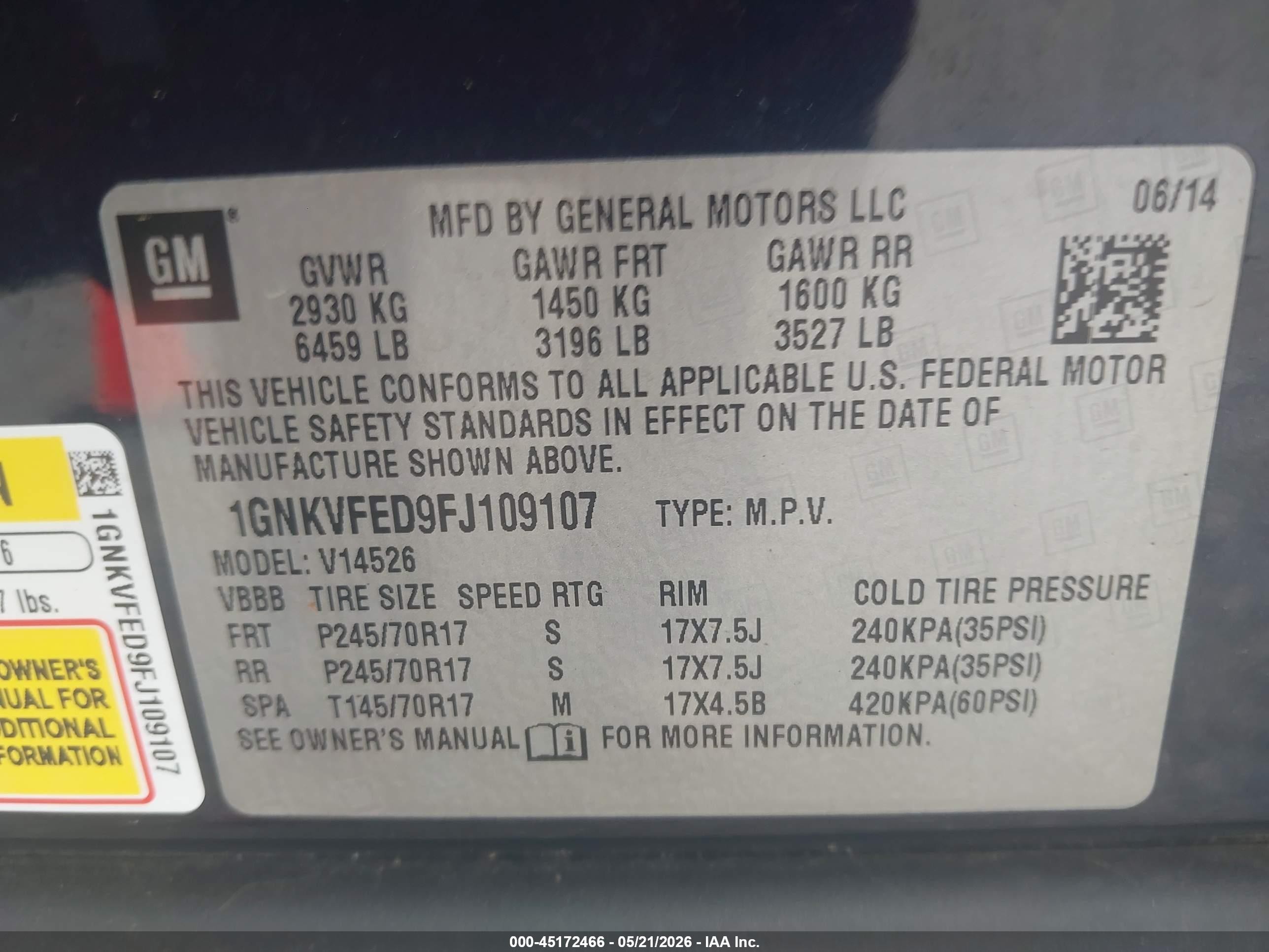 2015 Chevrolet Traverse Ls Blue vin: 1GNKVFED9FJ109107