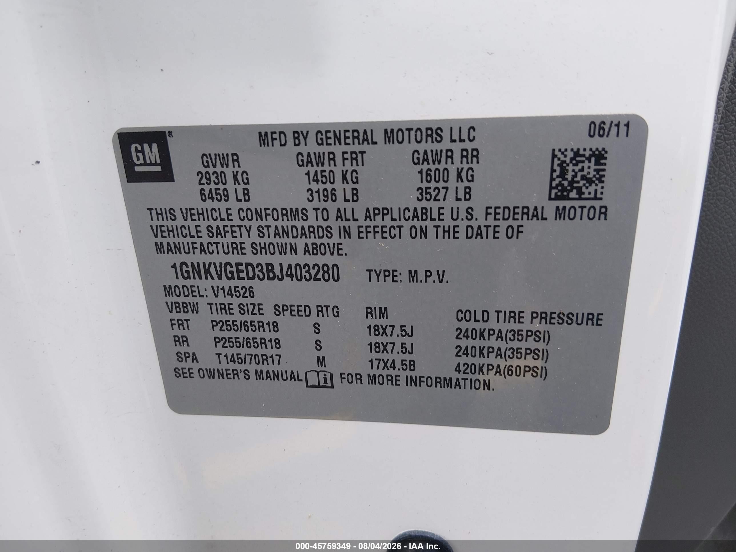 2011 Chevrolet Traverse 1lt White vin: 1GNKVGED3BJ403280