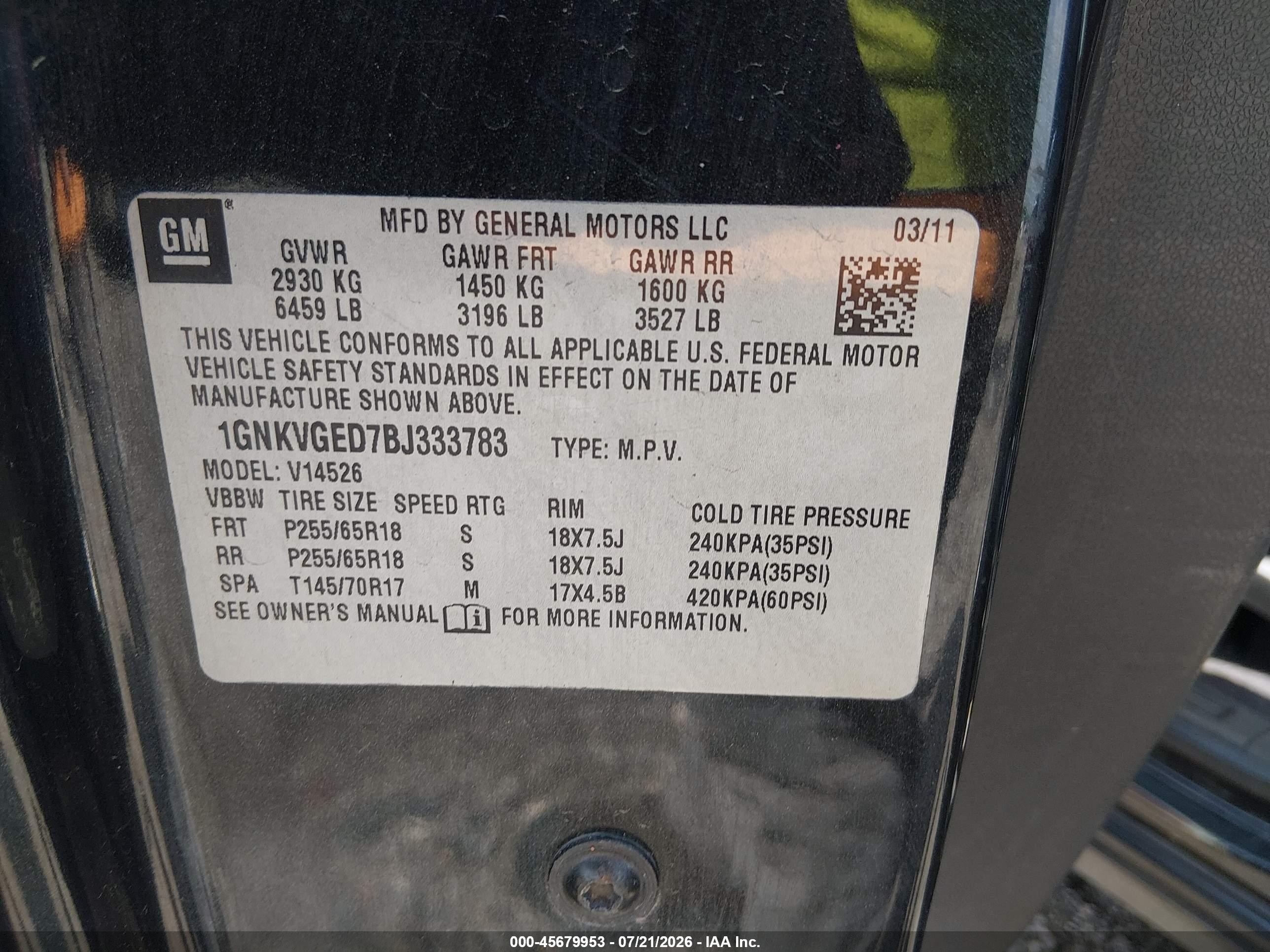 2011 Chevrolet Traverse 1lt Black vin: 1GNKVGED7BJ333783