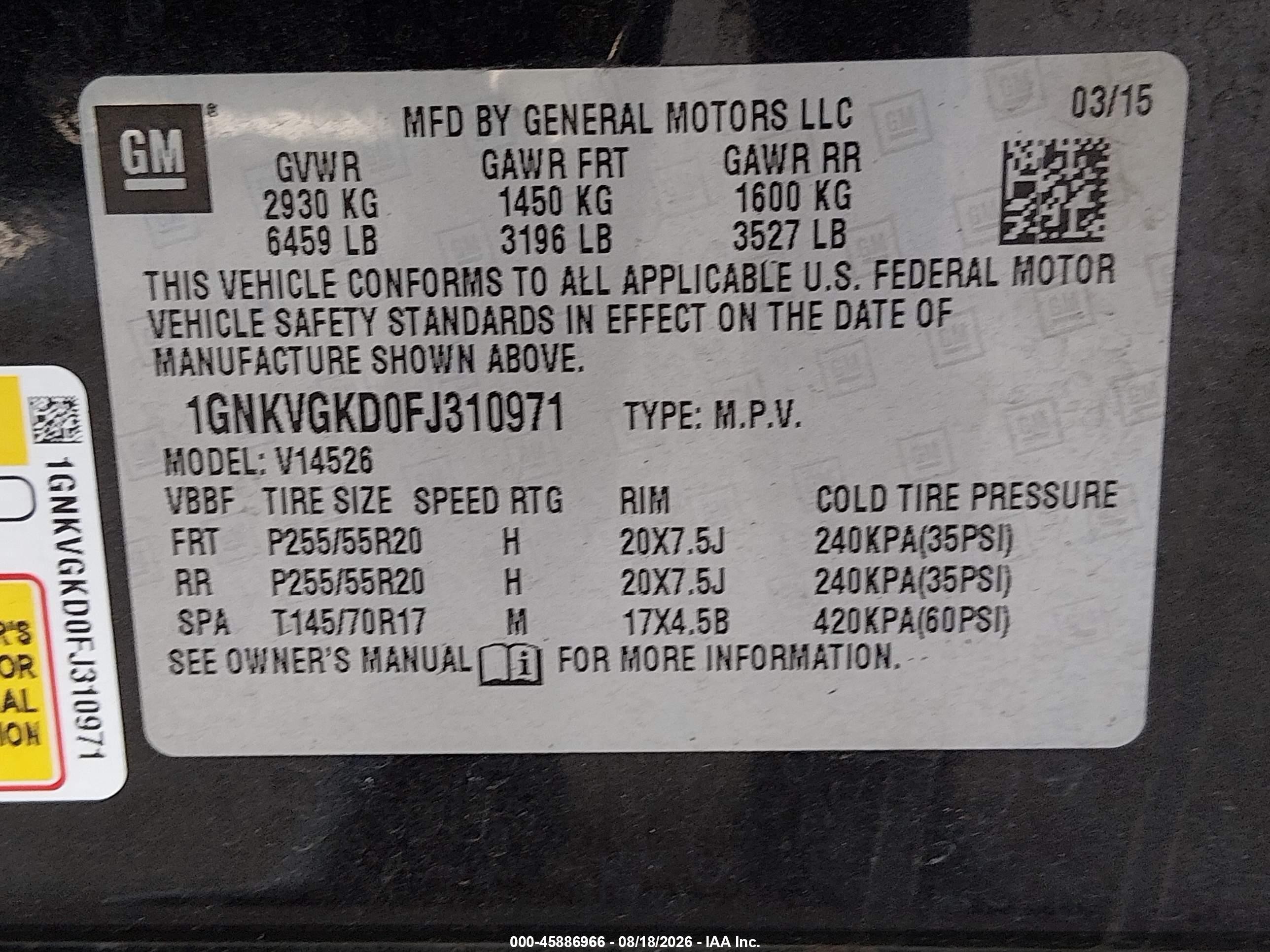 2015 Chevrolet Traverse Lt Black vin: 1GNKVGKD0FJ310971