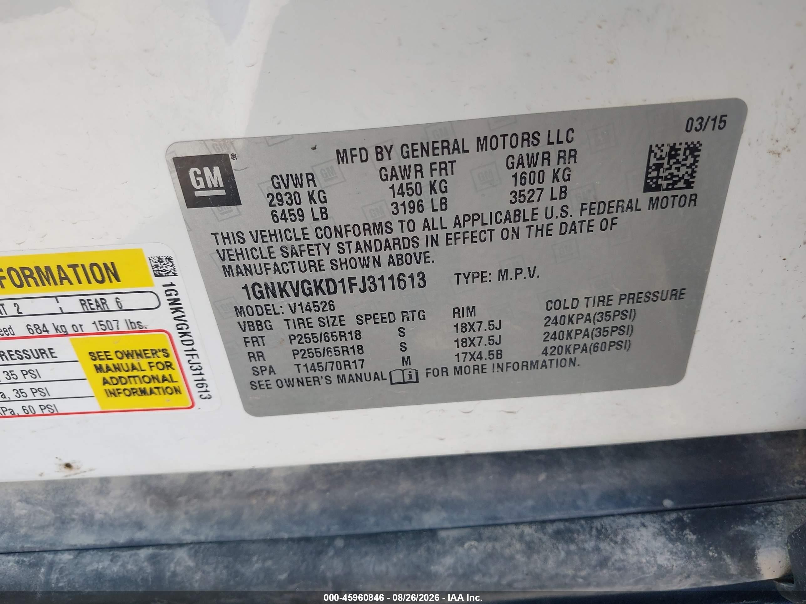2015 Chevrolet Traverse Lt White vin: 1GNKVGKD1FJ311613