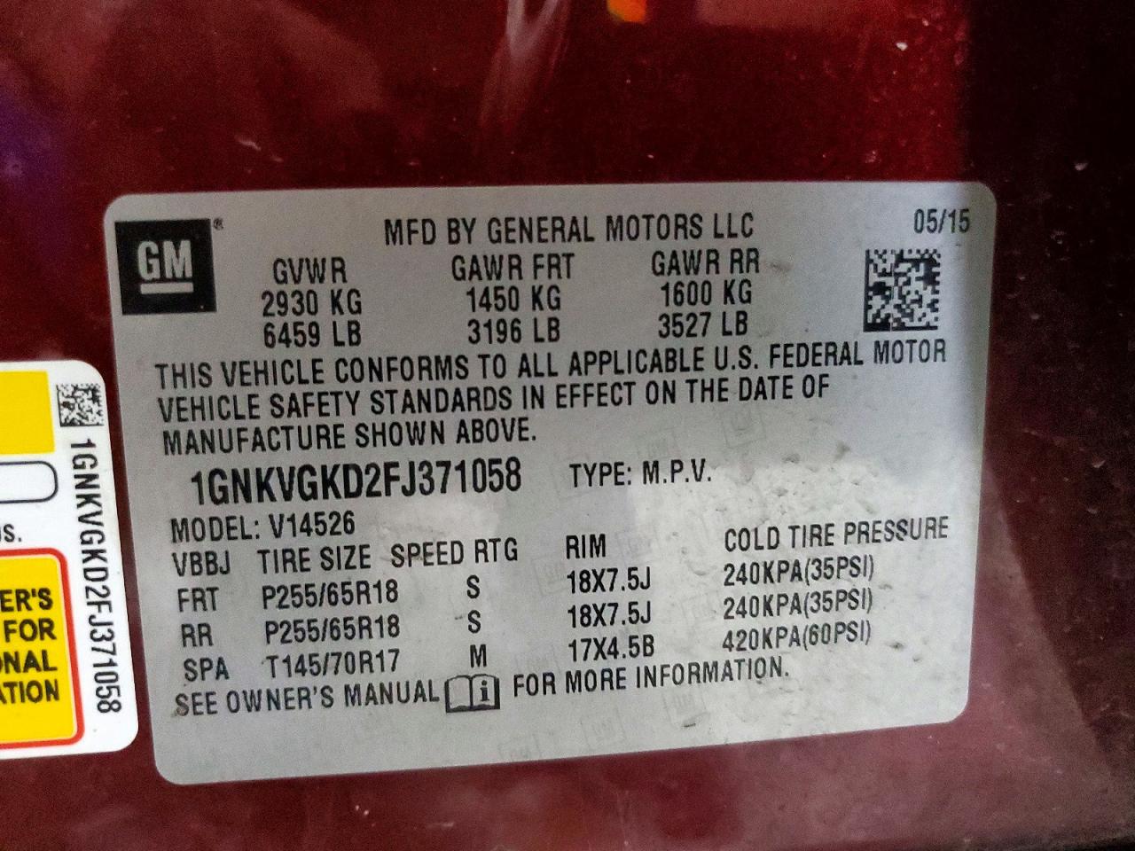 2015 Chevrolet Traverse Lt Red vin: 1GNKVGKD2FJ371058