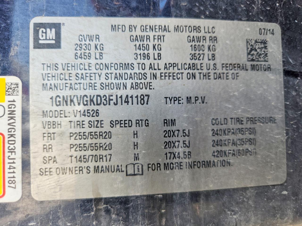 2015 Chevrolet Traverse Lt Blue vin: 1GNKVGKD3FJ141187