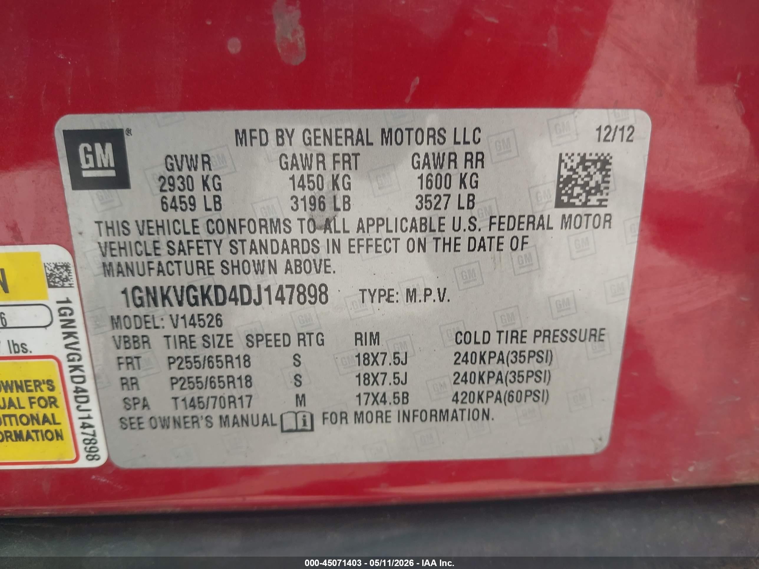 2013 Chevrolet Traverse 1lt Red vin: 1GNKVGKD4DJ147898