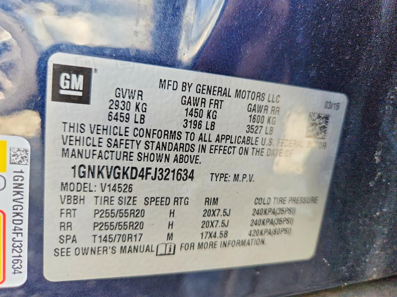 2015 Chevrolet Traverse Lt Синий vin: 1GNKVGKD4FJ321634