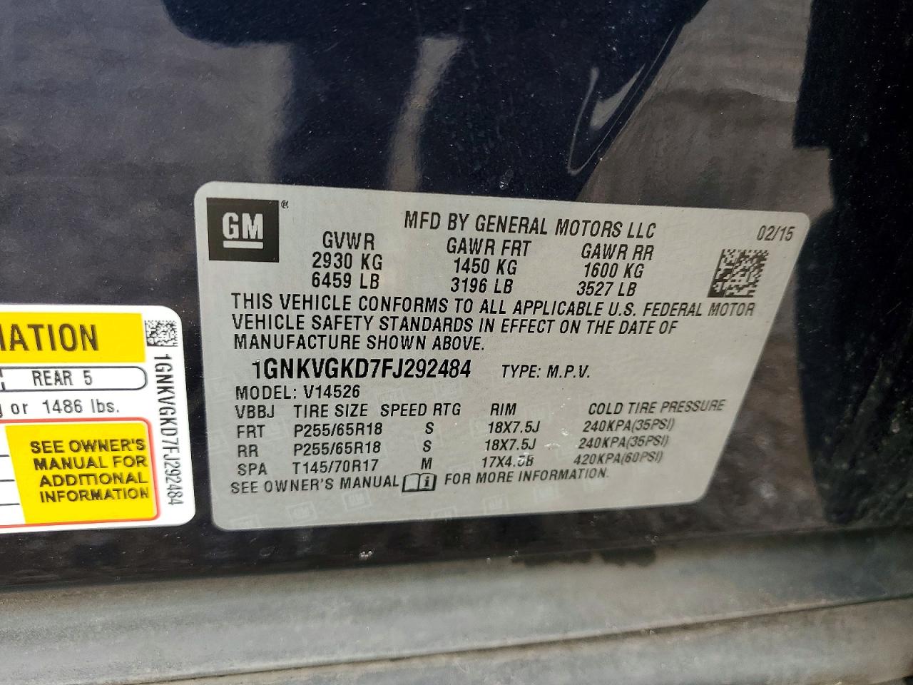2015 Chevrolet Traverse Lt Blue vin: 1GNKVGKD7FJ292484