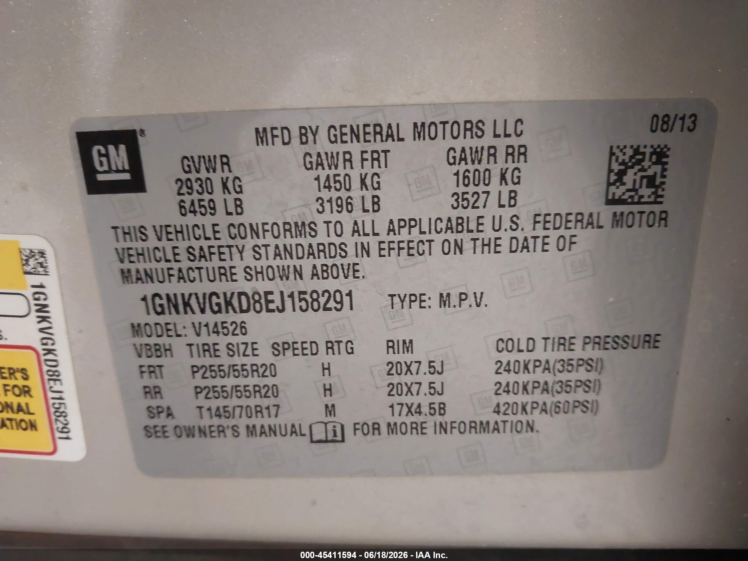 2014 Chevrolet Traverse Lt Champagne vin: 1GNKVGKD8EJ158291