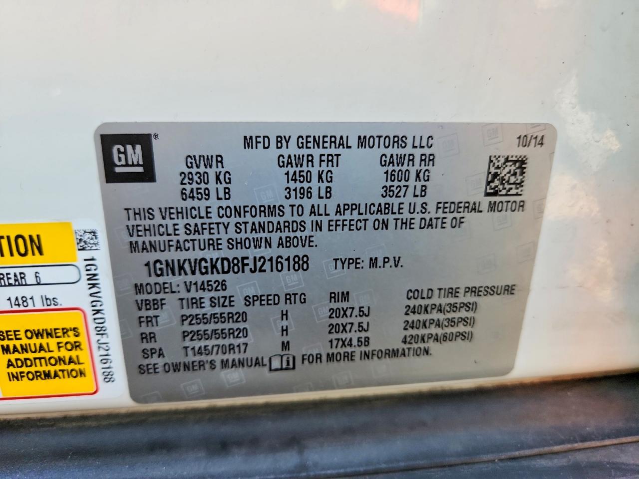 2015 Chevrolet Traverse Lt White vin: 1GNKVGKD8FJ216188