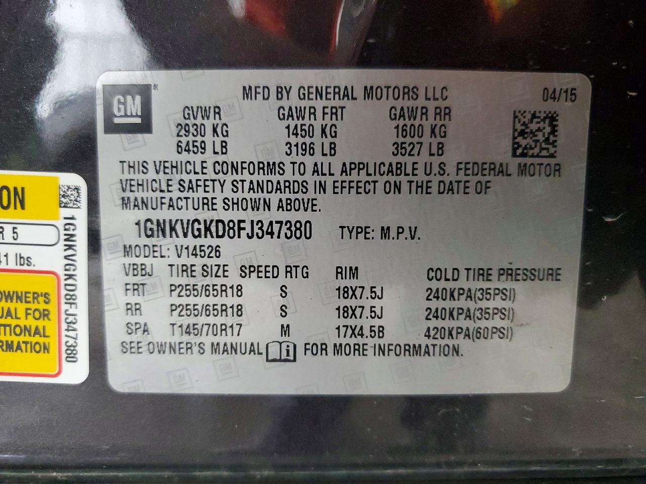 2015 Chevrolet Traverse Lt Charcoal vin: 1GNKVGKD8FJ347380