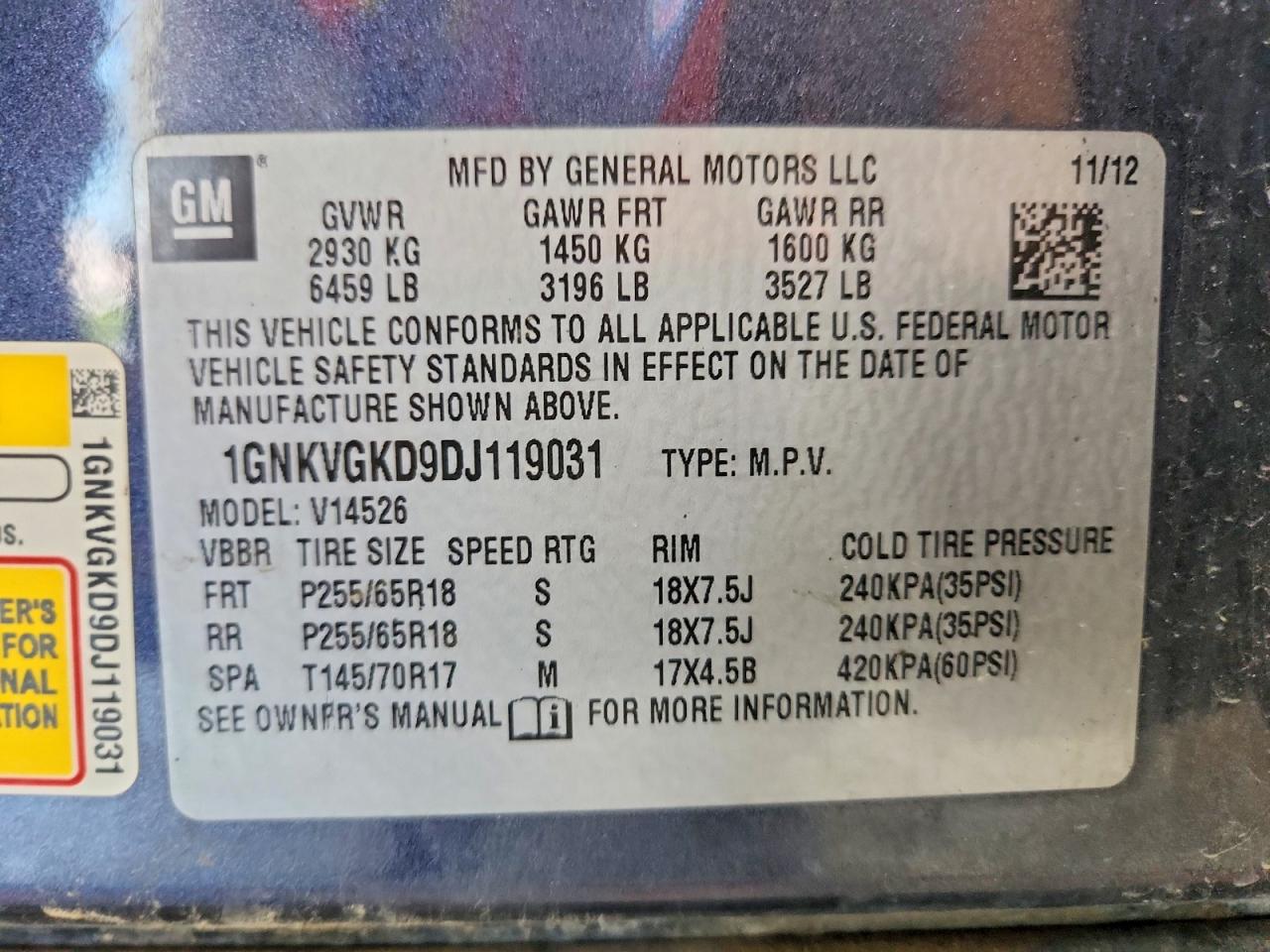 2013 Chevrolet Traverse Lt Blue vin: 1GNKVGKD9DJ119031