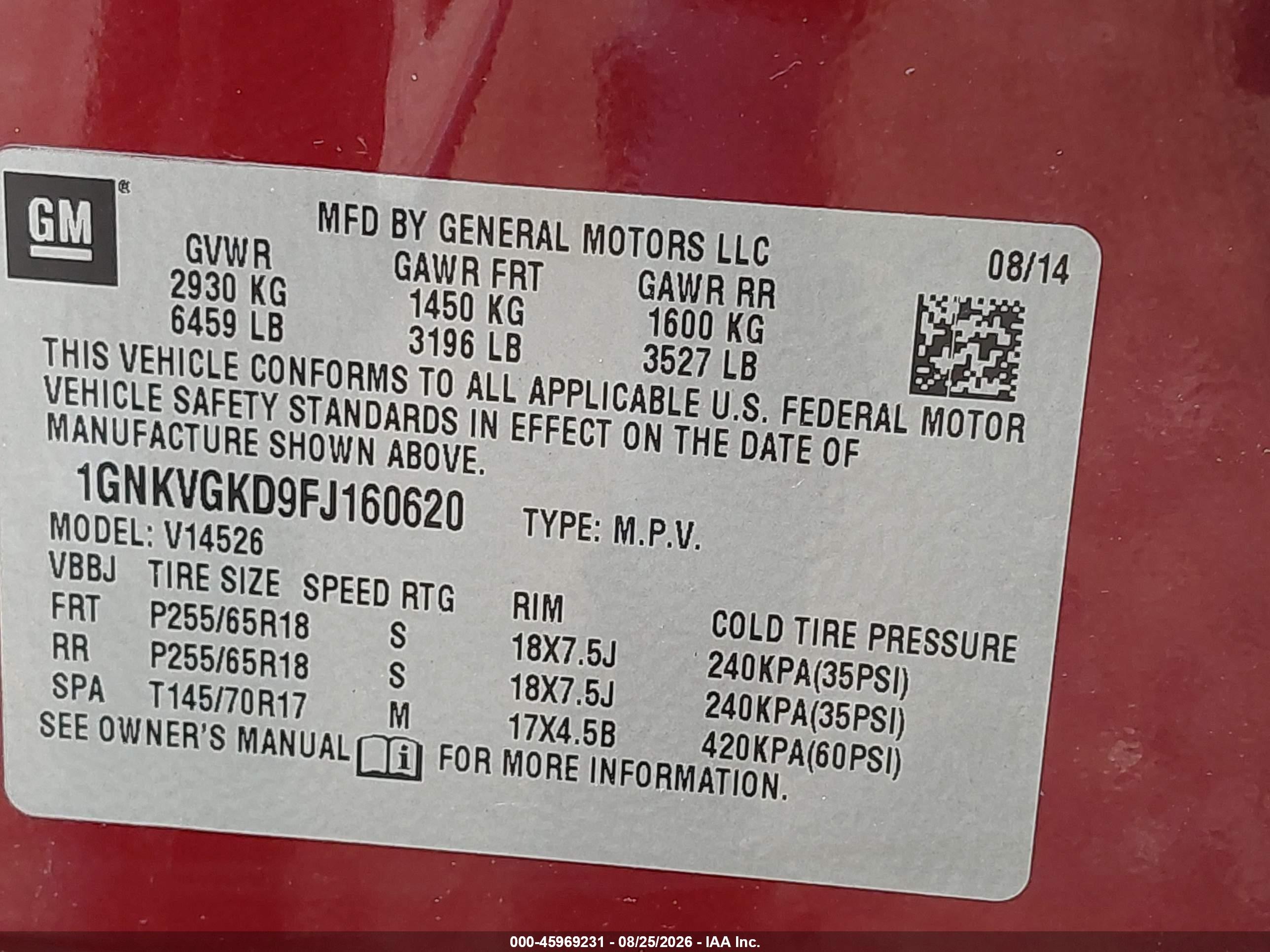 2015 Chevrolet Traverse Lt Red vin: 1GNKVGKD9FJ160620