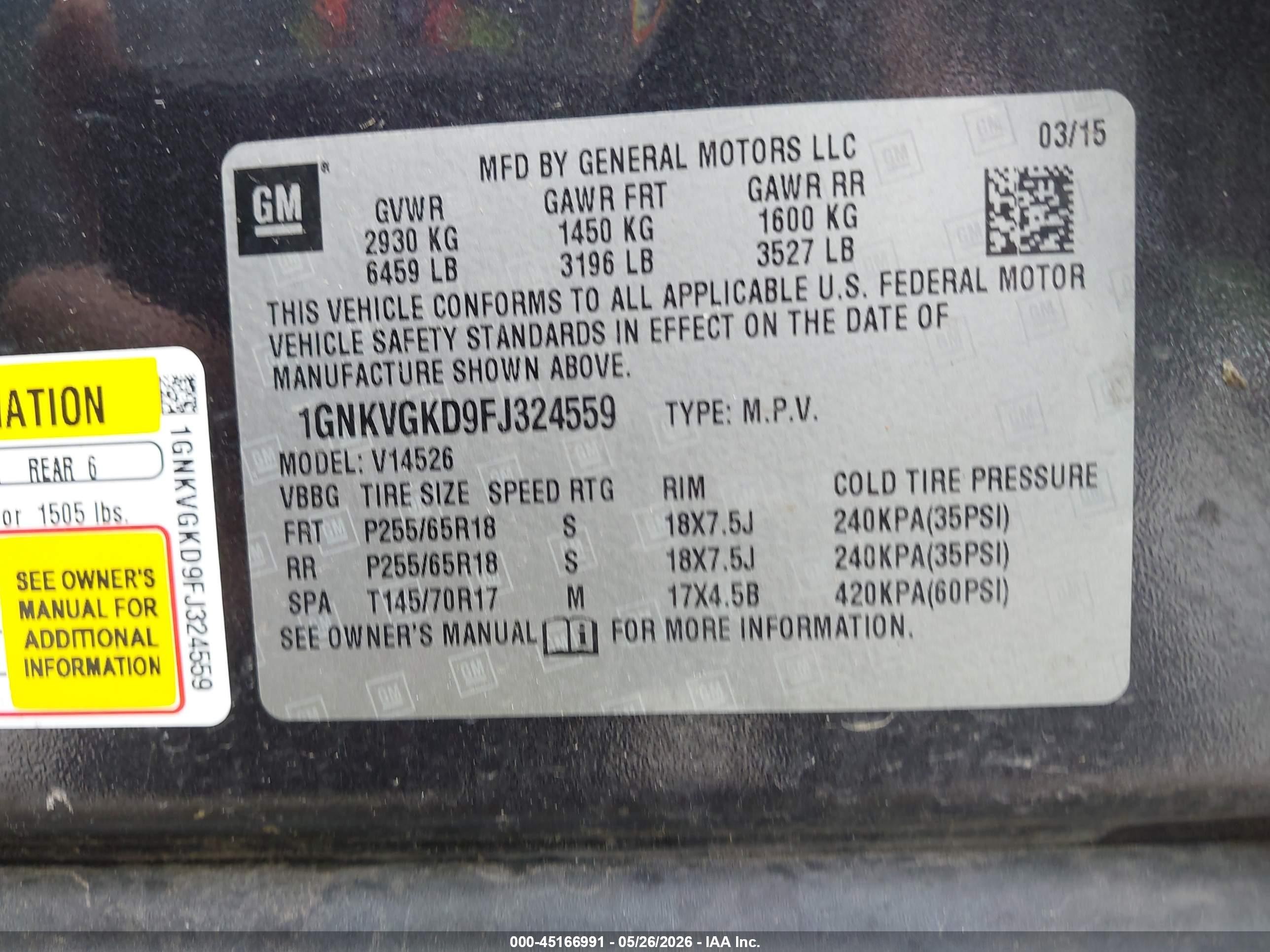 2015 Chevrolet Traverse 1lt Gray vin: 1GNKVGKD9FJ324559