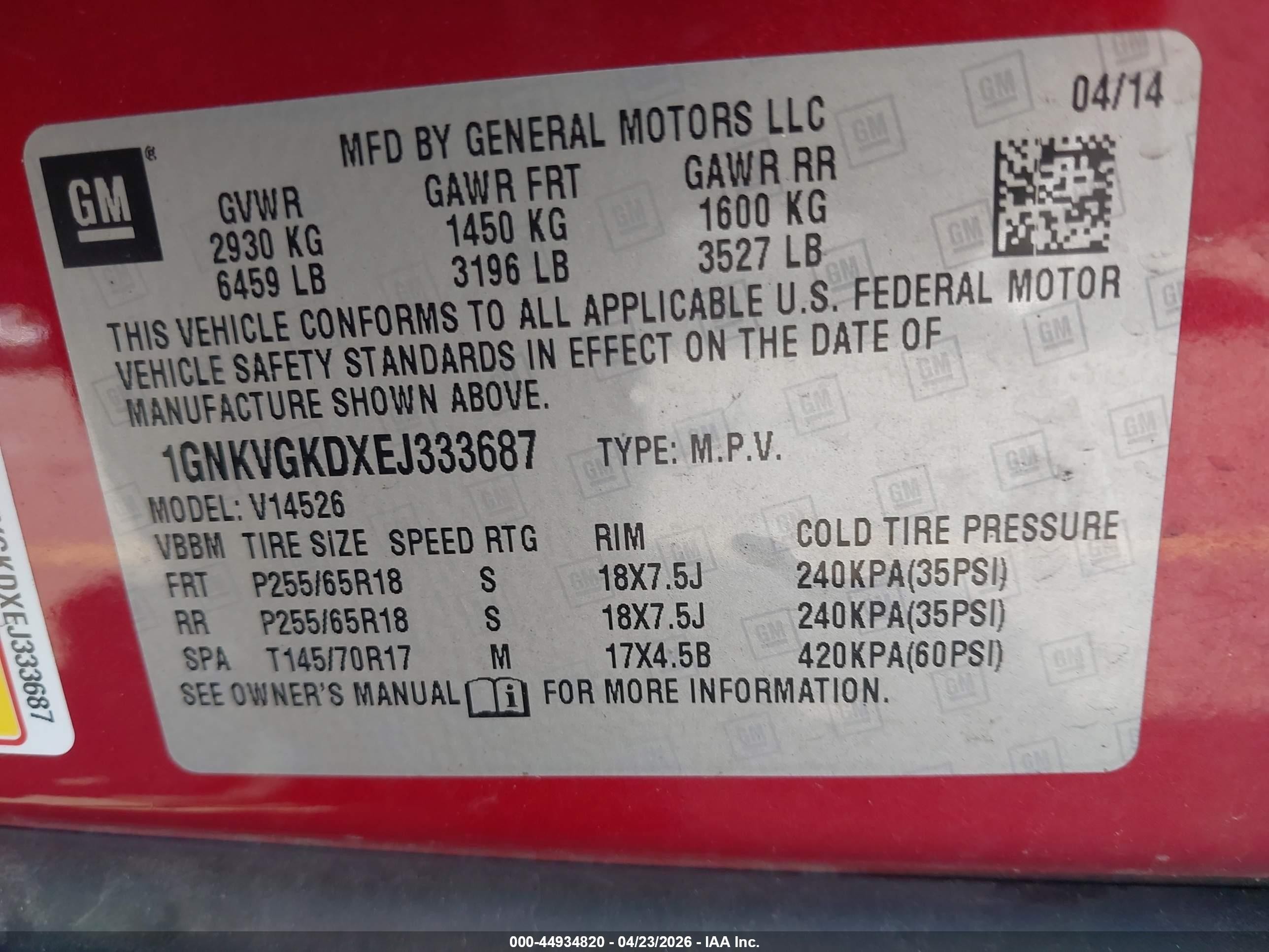 2014 Chevrolet Traverse 1lt Red vin: 1GNKVGKDXEJ333687