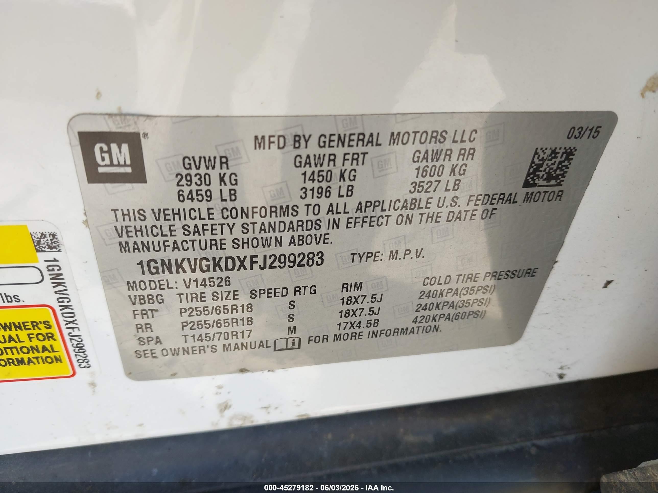 2015 Chevrolet Traverse 1lt Белый vin: 1GNKVGKDXFJ299283