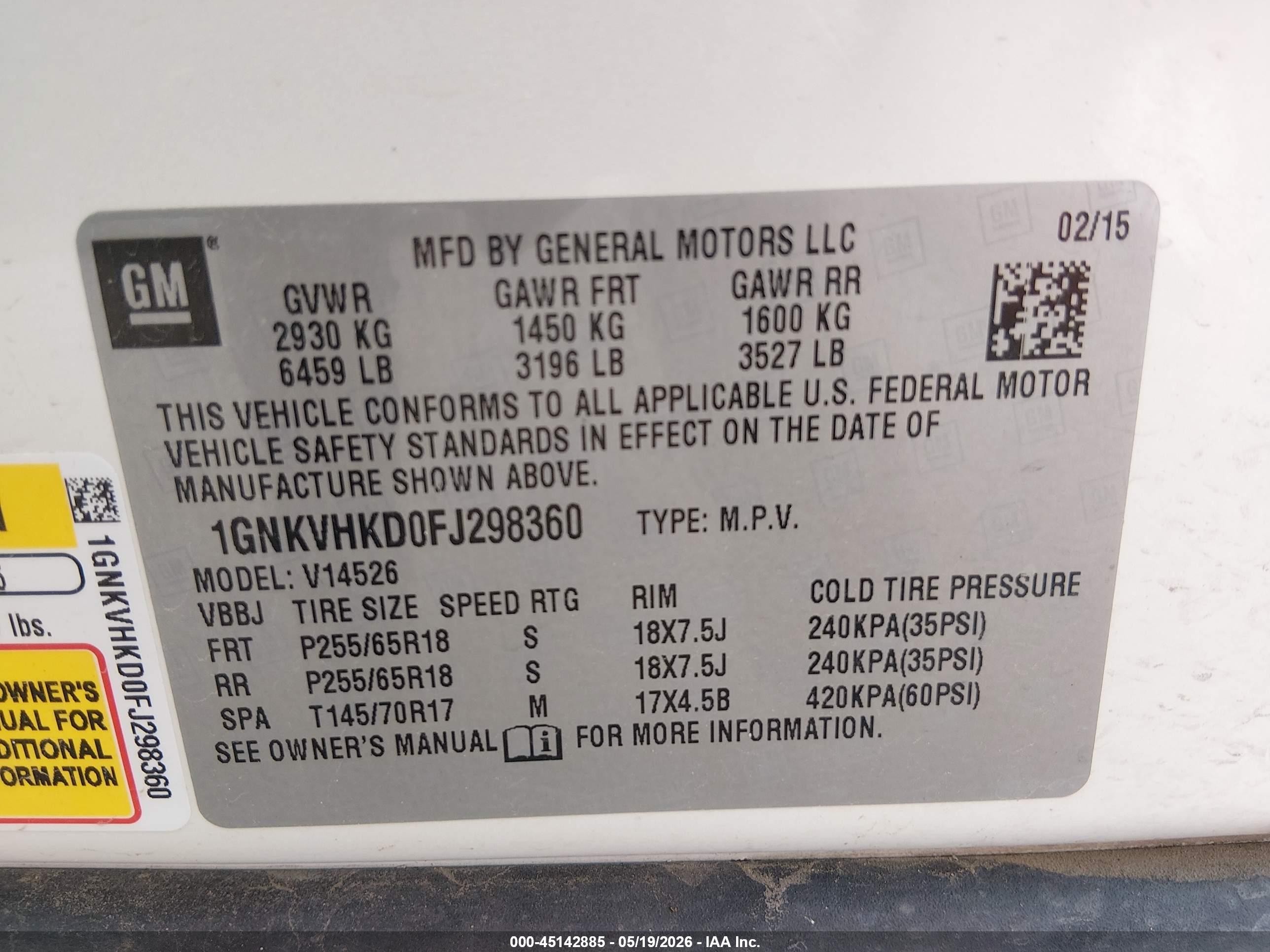 2015 Chevrolet Traverse 2lt Белый vin: 1GNKVHKD0FJ298360