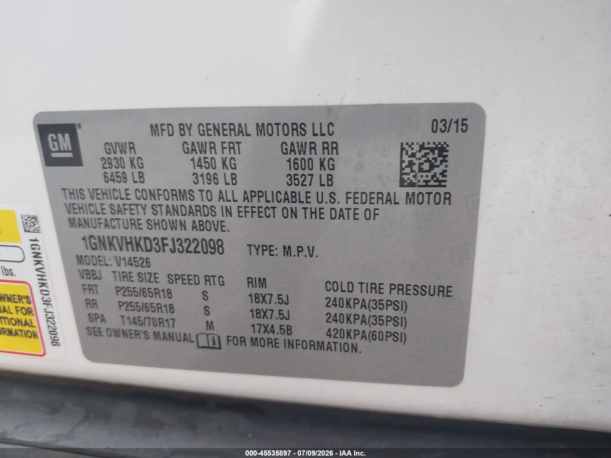 2015 Chevrolet Traverse Lt White vin: 1GNKVHKD3FJ322098