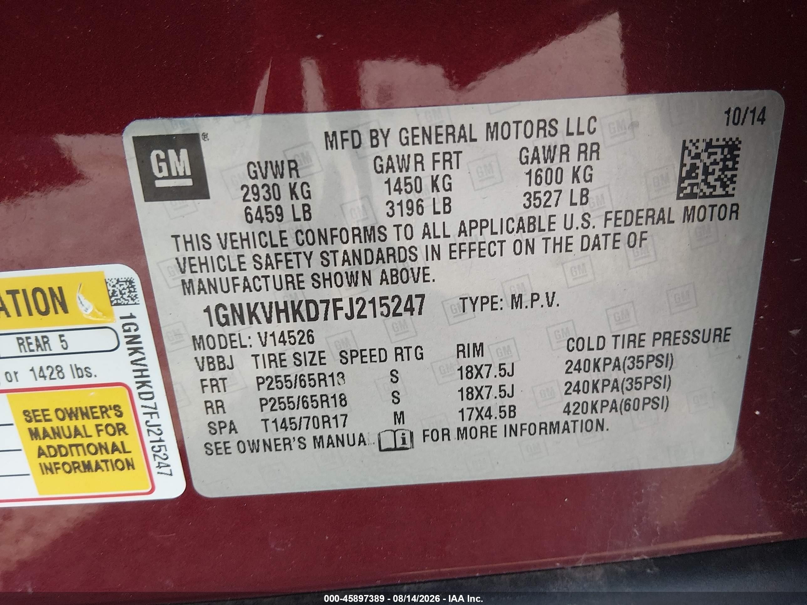 2015 Chevrolet Traverse 2lt Red vin: 1GNKVHKD7FJ215247