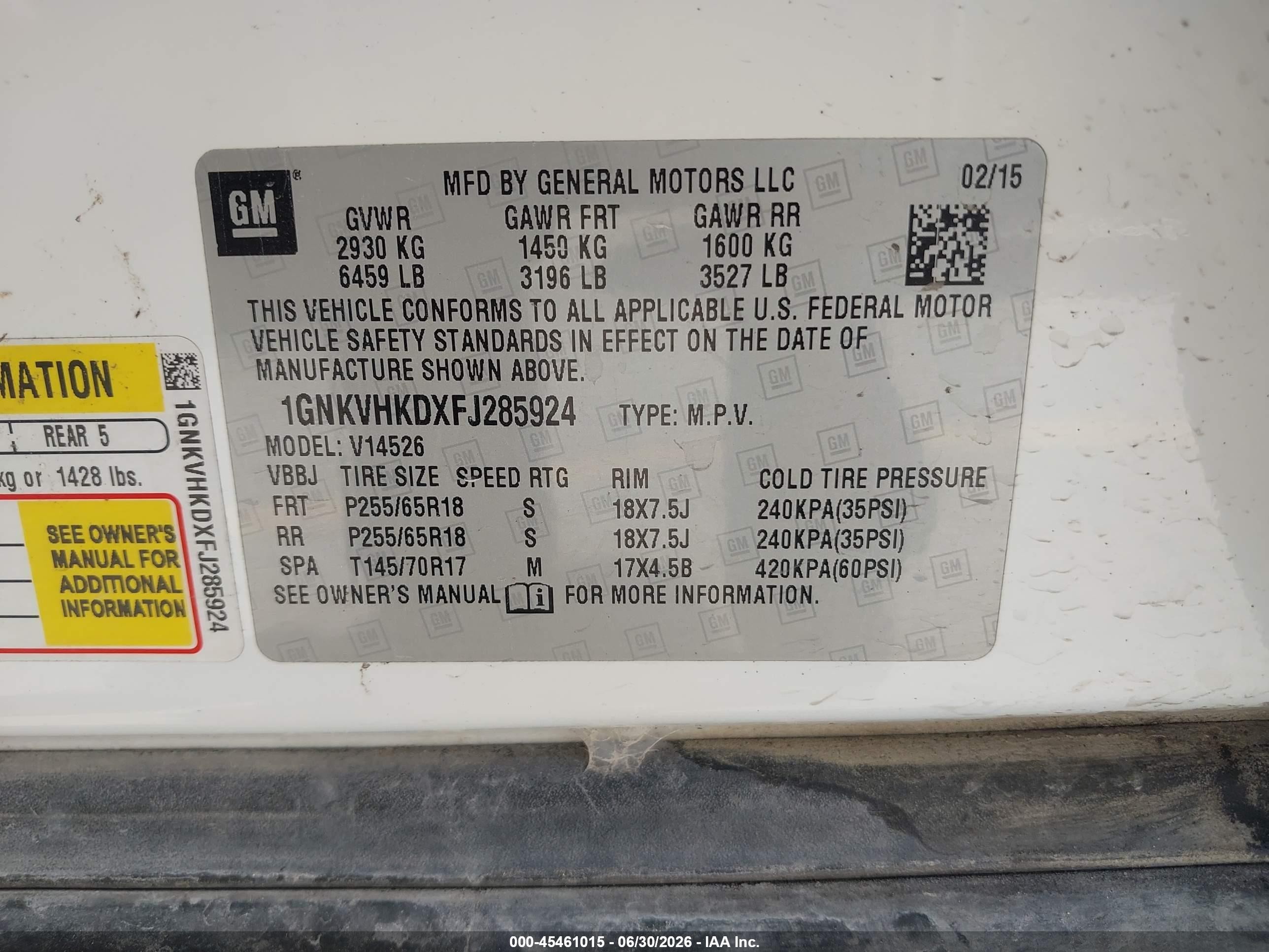 2015 Chevrolet Traverse 2lt Белый vin: 1GNKVHKDXFJ285924