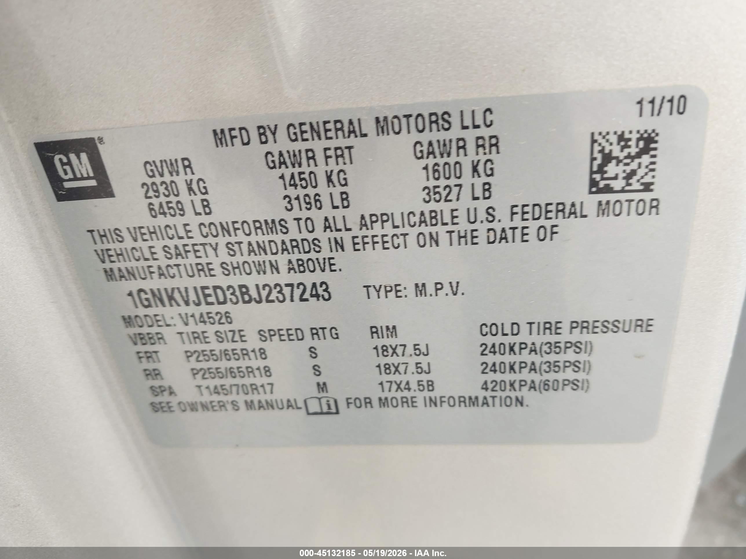 2011 Chevrolet Traverse 2lt Золотой vin: 1GNKVJED3BJ237243