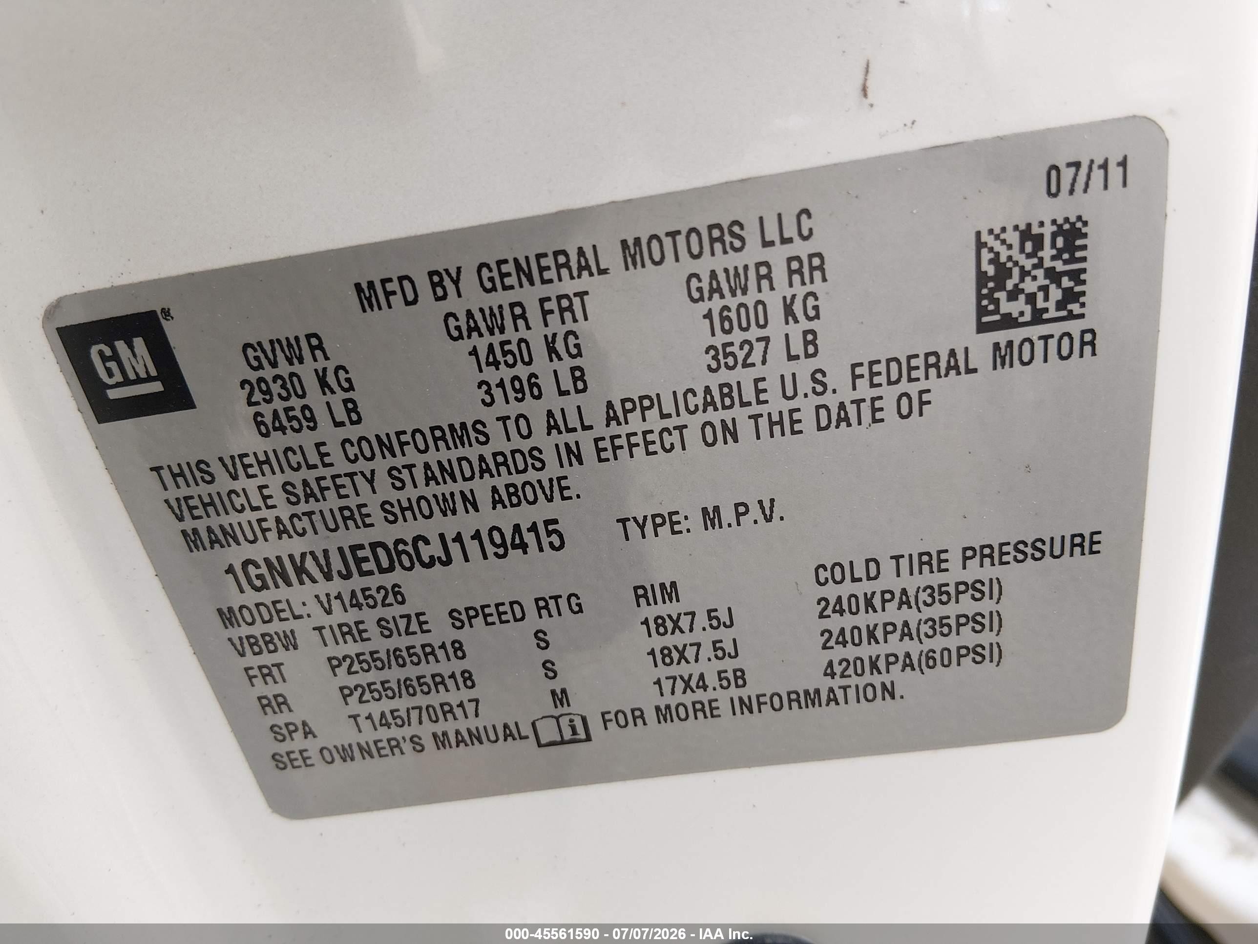2012 Chevrolet Traverse Lt W/2lt Белый vin: 1GNKVJED6CJ119415